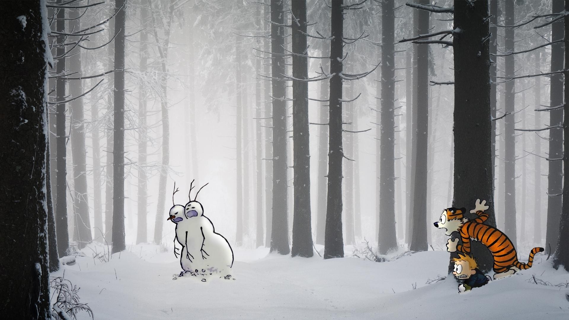Calvin and Hobbes in a snowy forest with a snowman HD Wallpaper