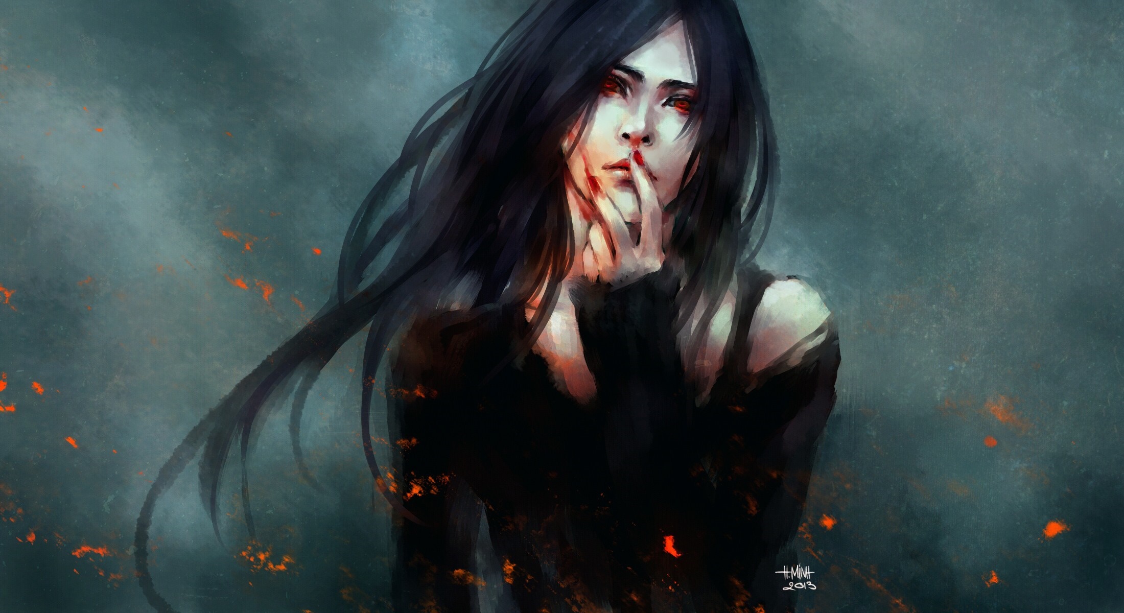 Fantasy art of a woman with red eyes and black hair HD Wallpaper