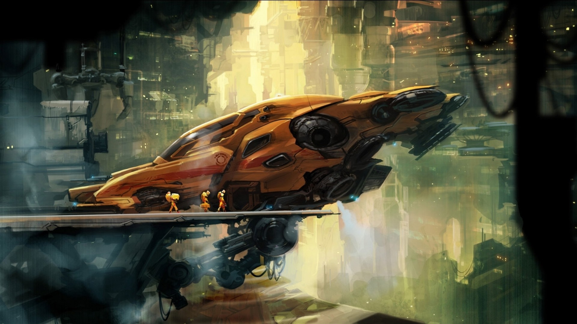 Futuristic spaceship docked in a sci-fi city HD Wallpaper