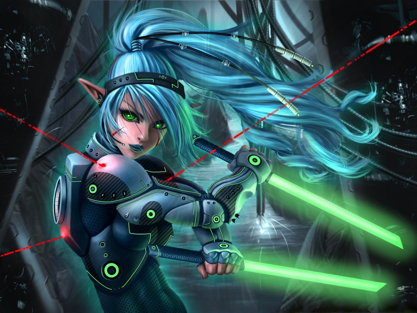 Anime elf warrior with glowing swords and red lasers HD Wallpaper