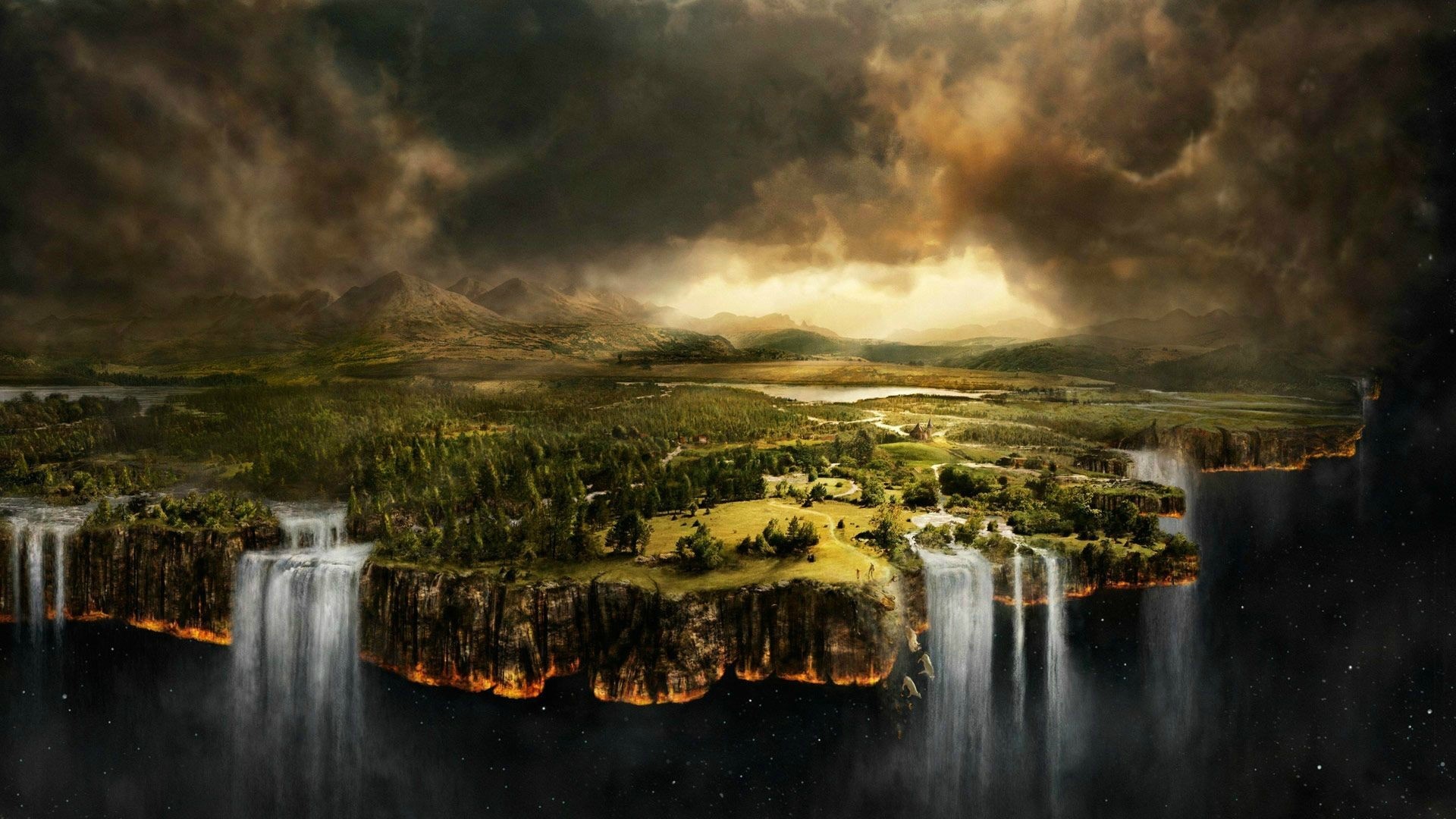 Floating islands with waterfalls and stormy skies HD Wallpaper