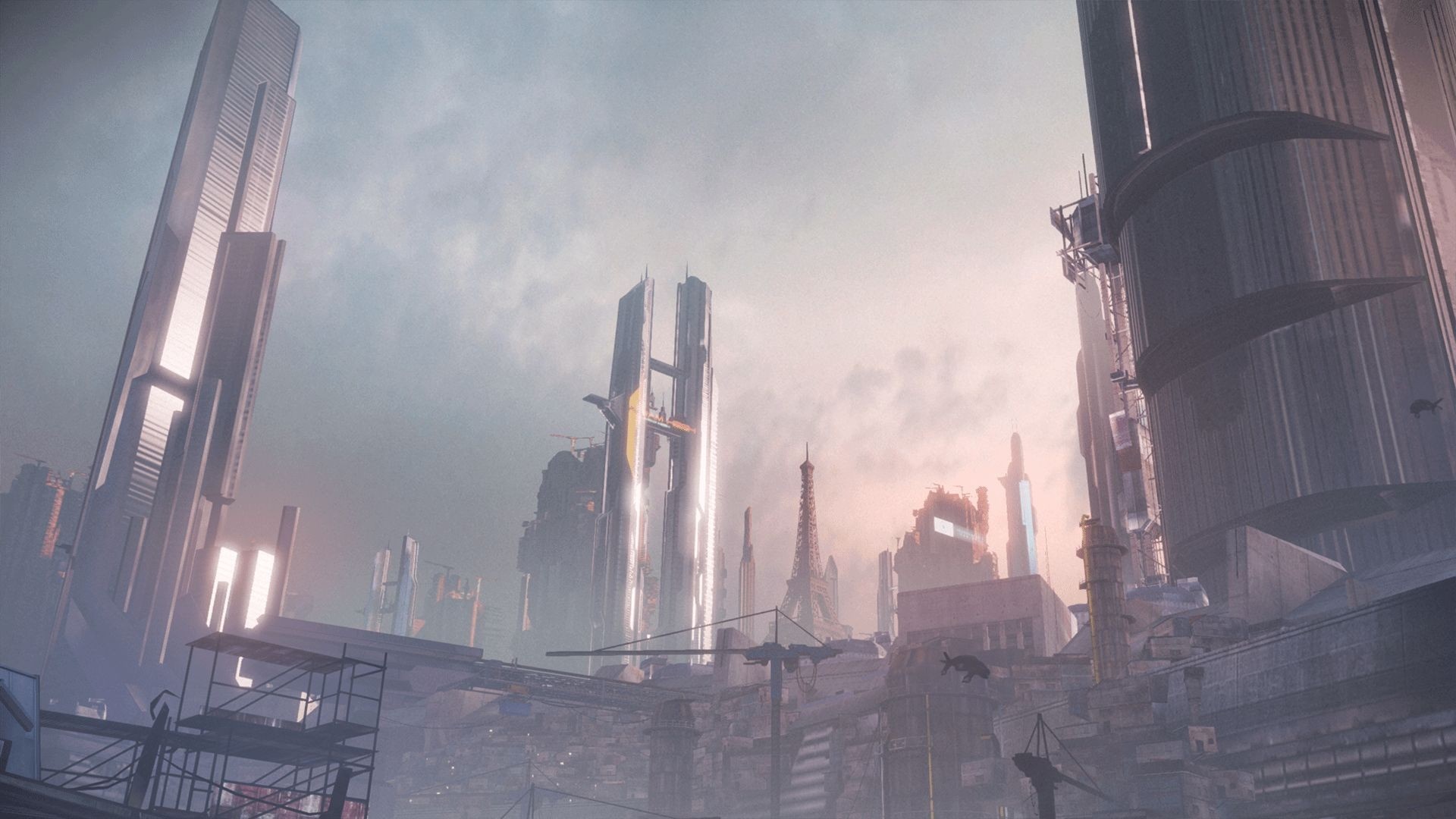 Futuristic cityscape with towering skyscrapers and construction HD Wallpaper