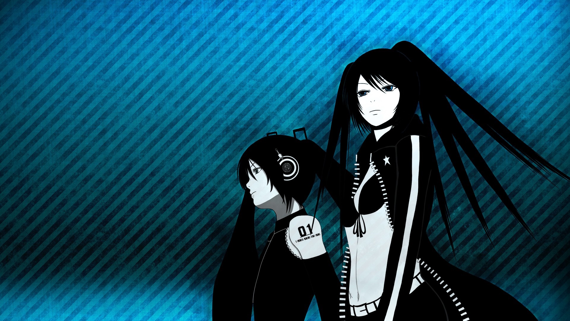 Black Rock Shooter characters on blue striped background HD Wallpaper