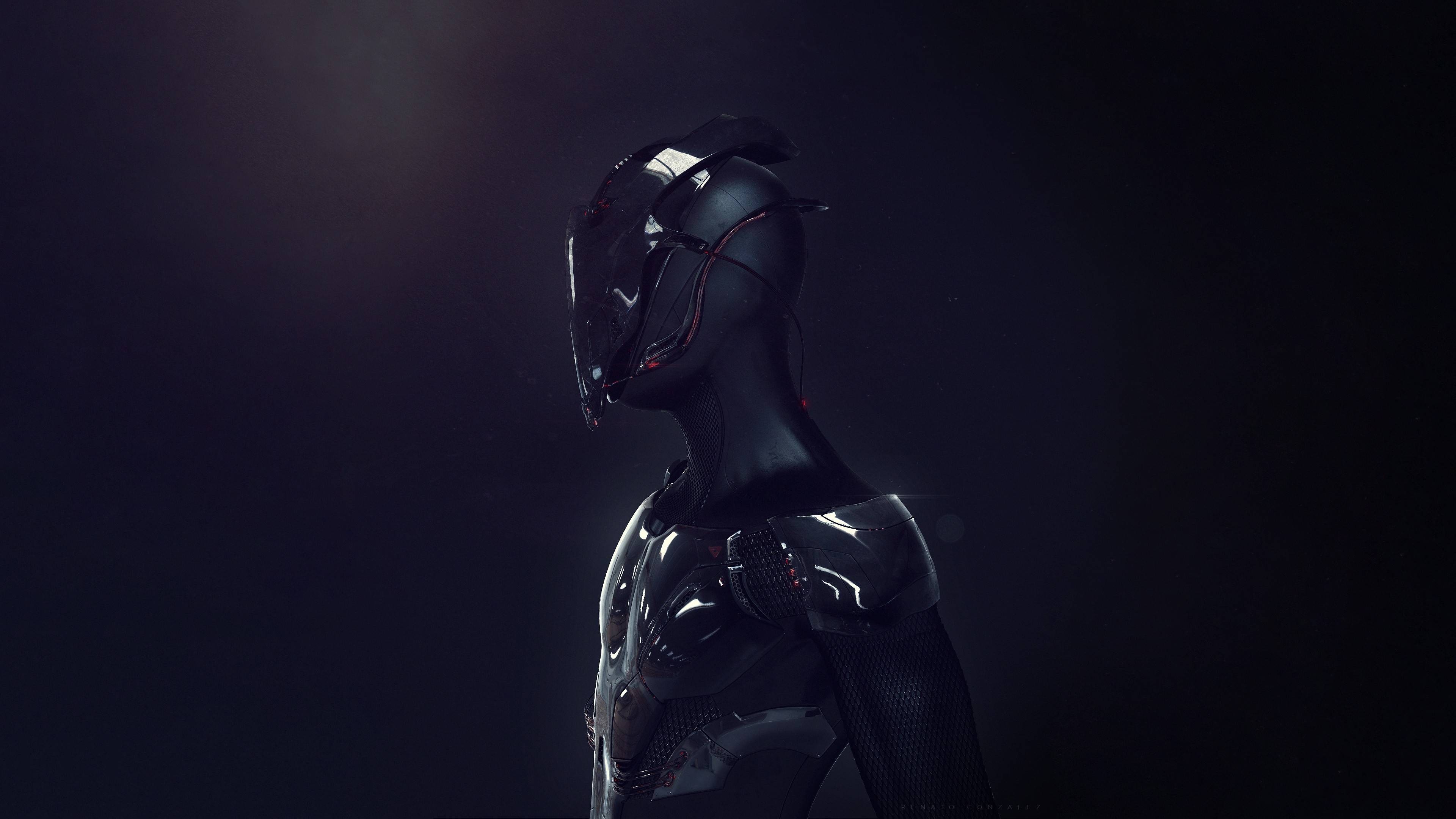 Black futuristic warrior in dark lighting HD Wallpaper
