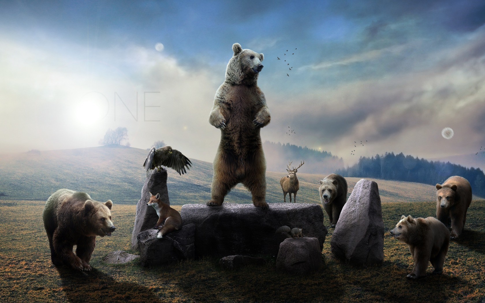 Bears and other animals in a misty landscape HD Wallpaper