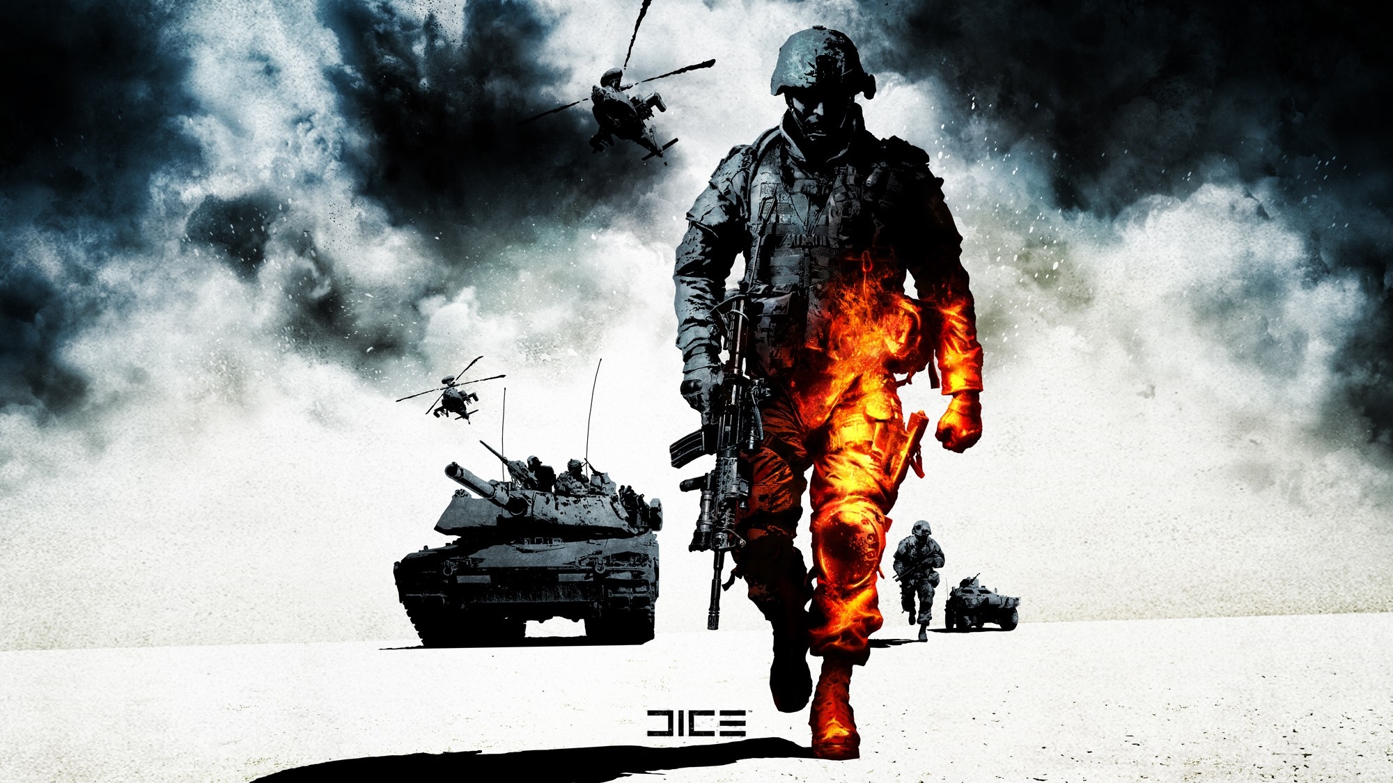 Soldier on fire with tanks and helicopters HD Wallpaper