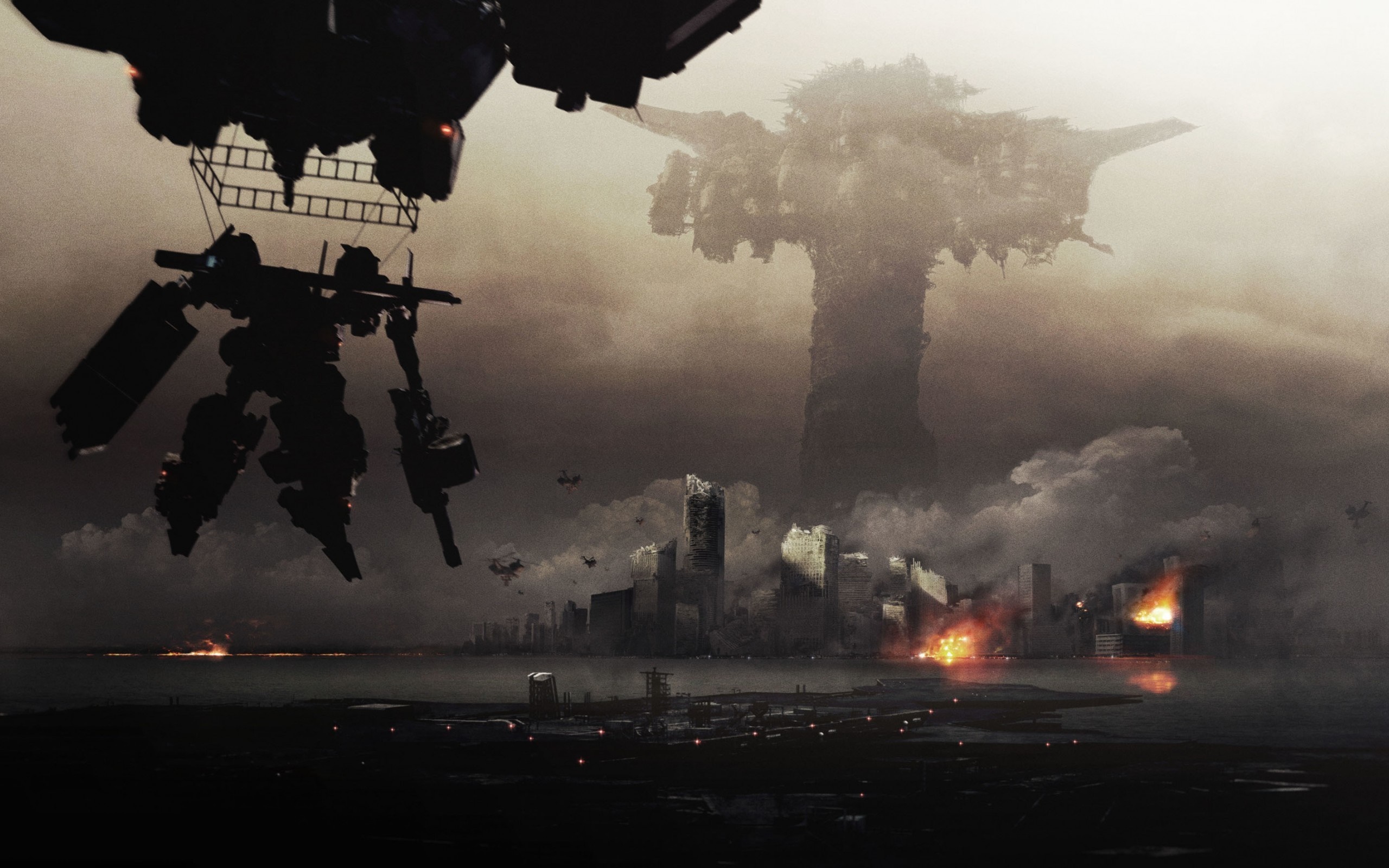 Mech deployed from aircraft over destroyed city in Armored Core: Verdict Day HD Wallpaper