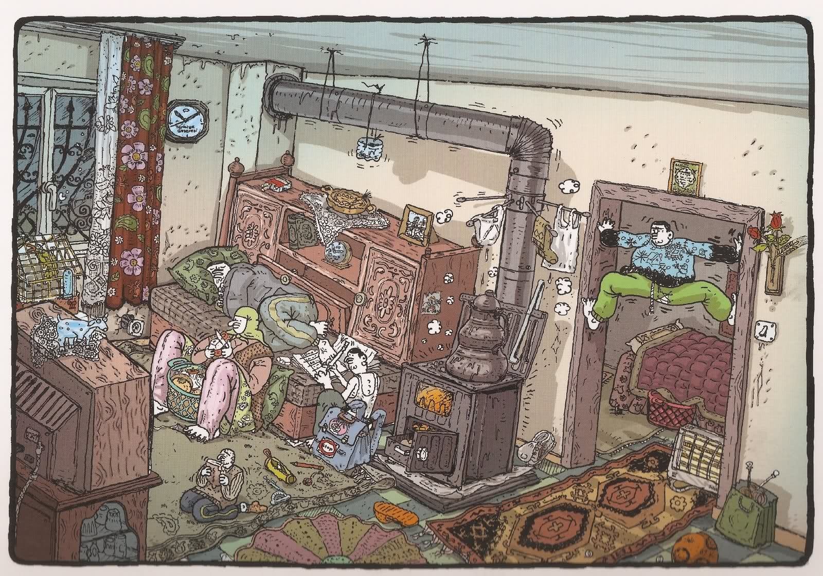 Drawing of a crowded room with people and a stove HD Wallpaper