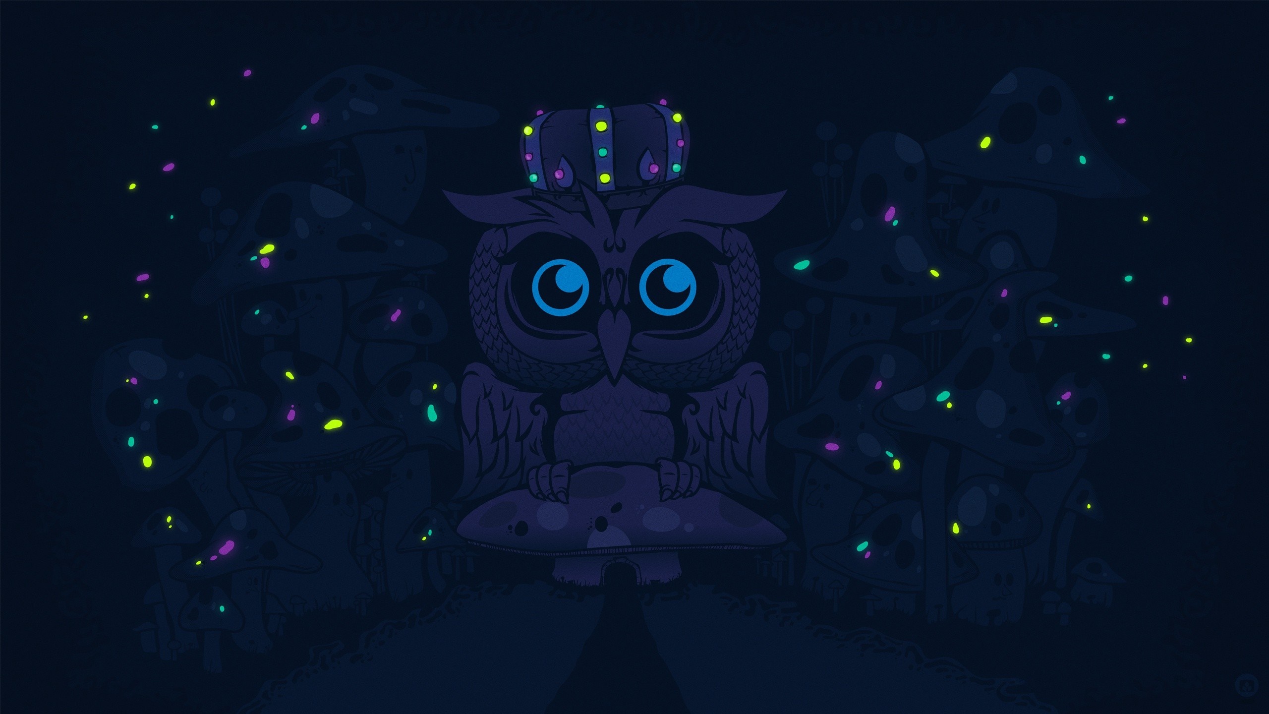 Owl with crown sitting on mushroom in dark forest HD Wallpaper