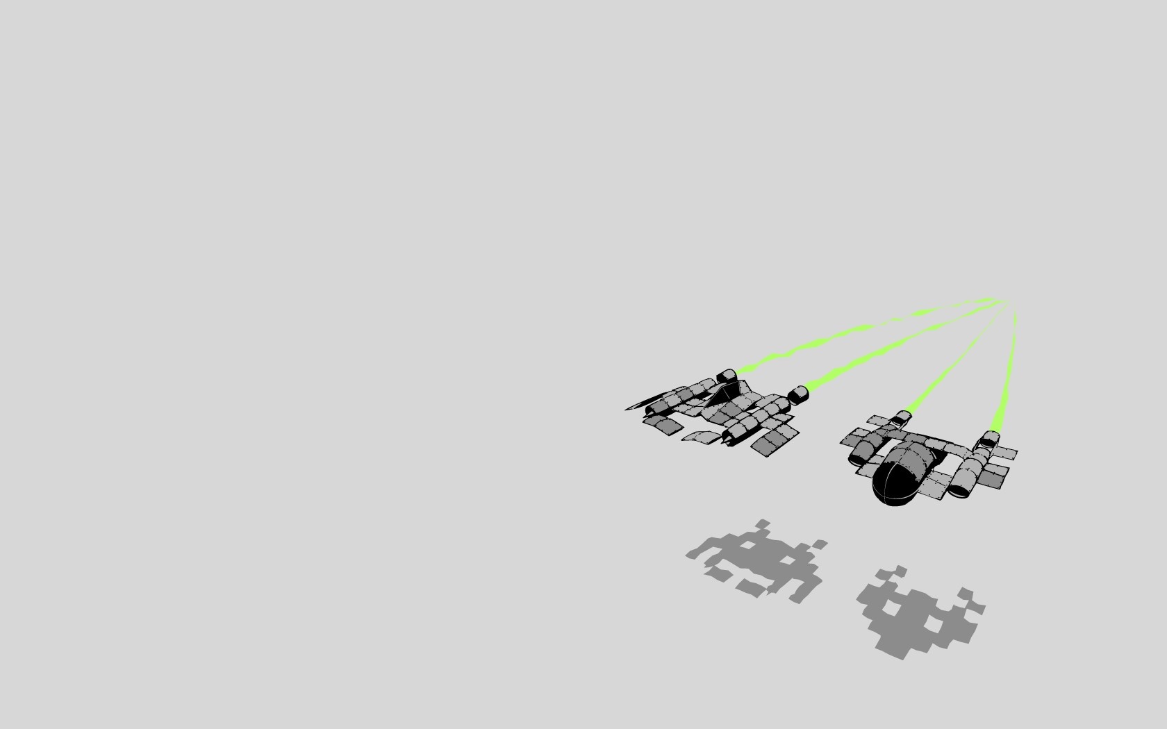 Two spaceships firing green lasers with pixelated shadows HD Wallpaper