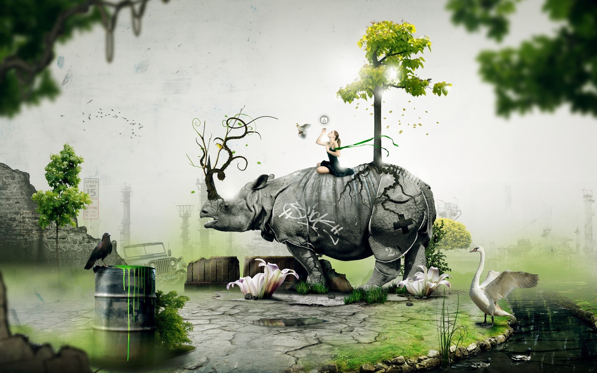 Digital art of a rhino with a tree and a girl HD Wallpaper