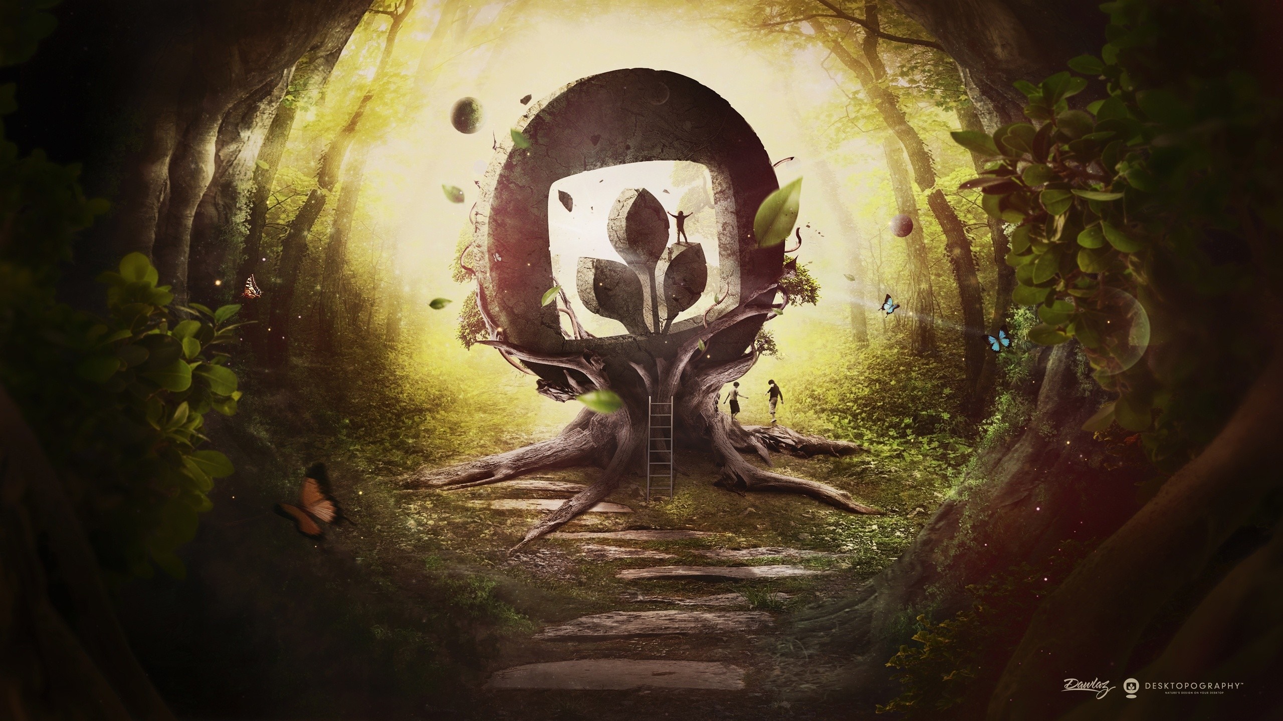 Magical forest with a tree portal and small figures HD Wallpaper