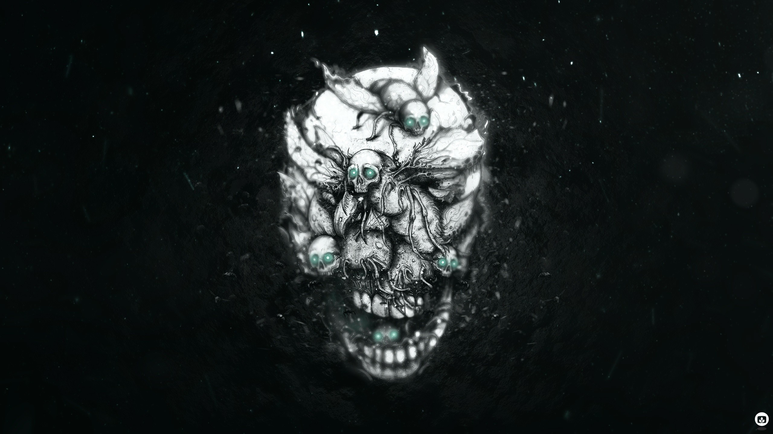Skull with insects and glowing eyes HD Wallpaper
