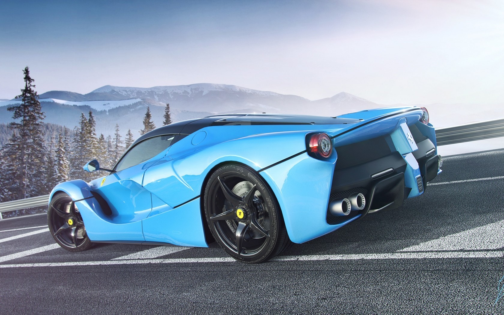 Blue Ferrari LaFerrari driving on a road with mountains HD Wallpaper