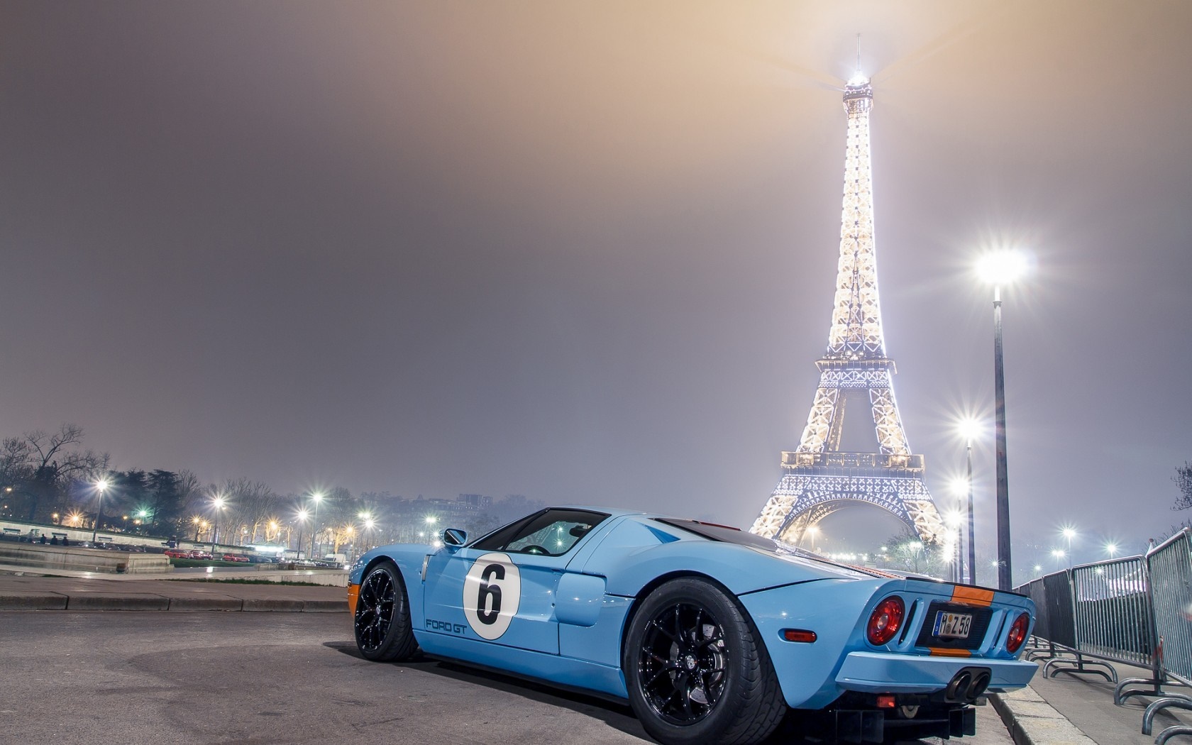 Blue Ford GT with Eiffel Tower at Night HD Wallpaper