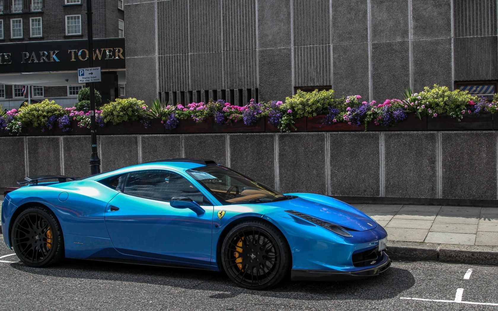 Blue Ferrari 458 parked in front of Park Tower HD Wallpaper