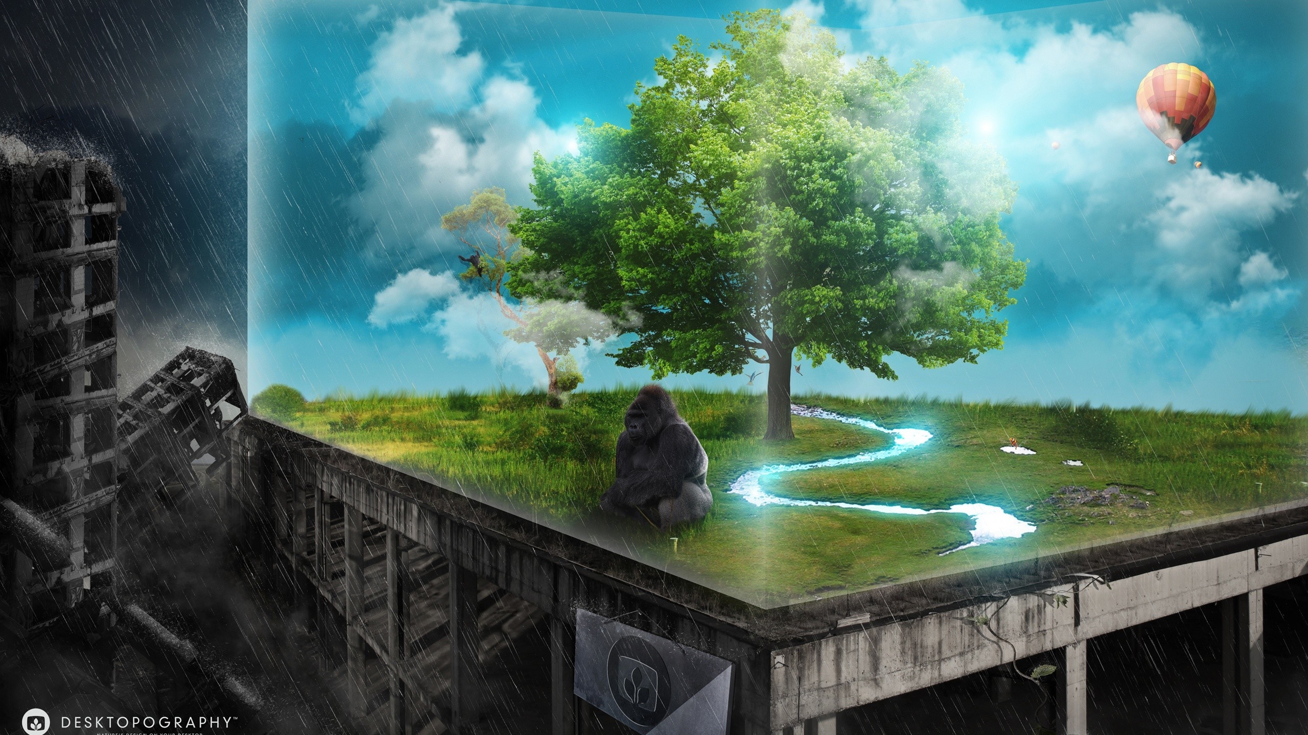 Gorilla in a ruined city with a vibrant nature scene HD Wallpaper