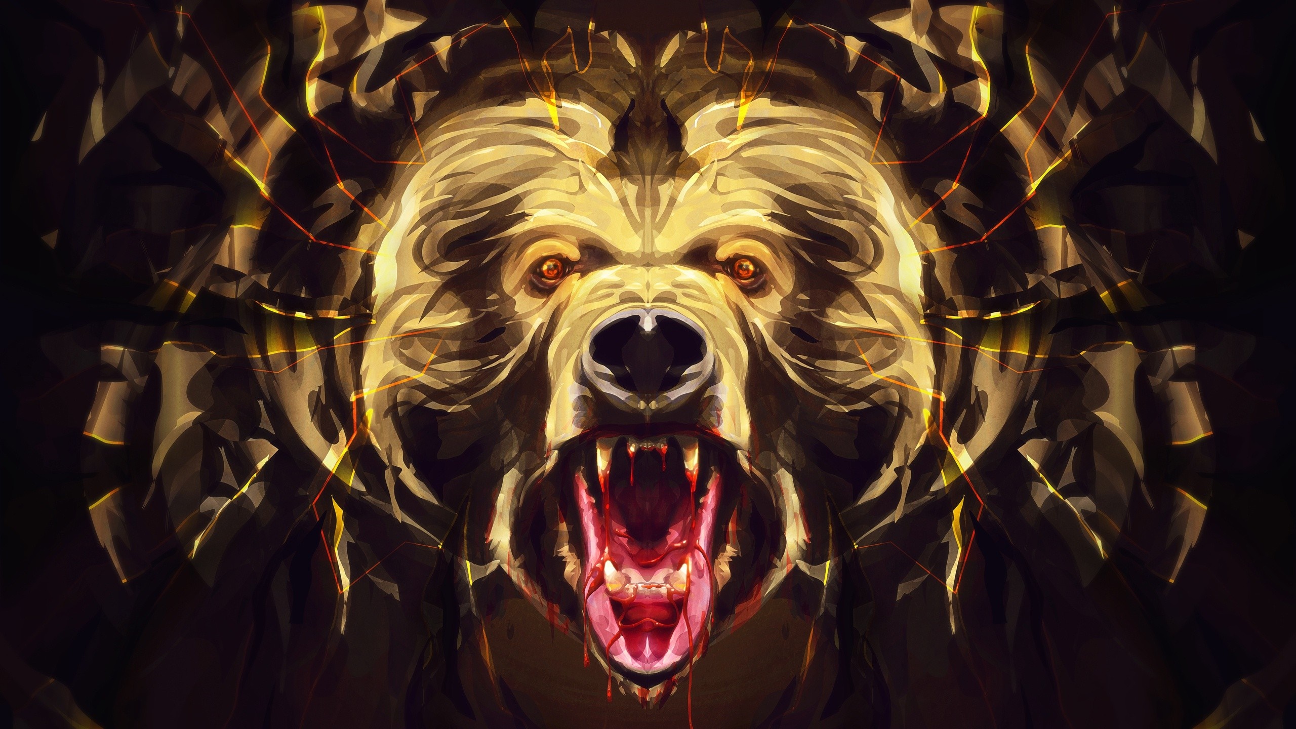 Aggressive Bear Illustration with Golden Energy HD Wallpaper