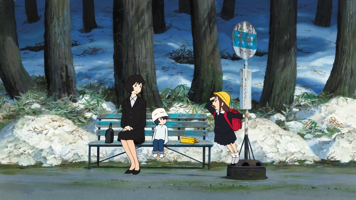 Characters from Wolf Children at a bus stop in winter HD Wallpaper