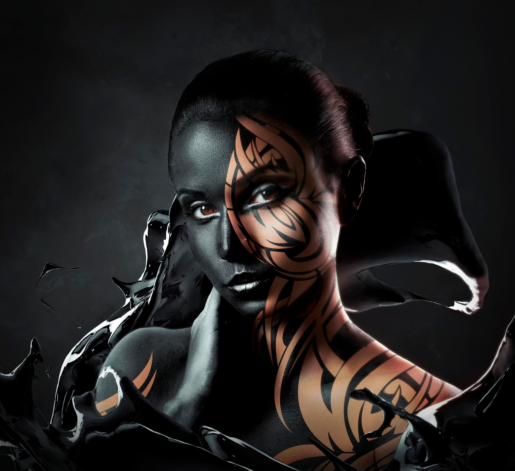 Woman with black and tribal body paint HD Wallpaper