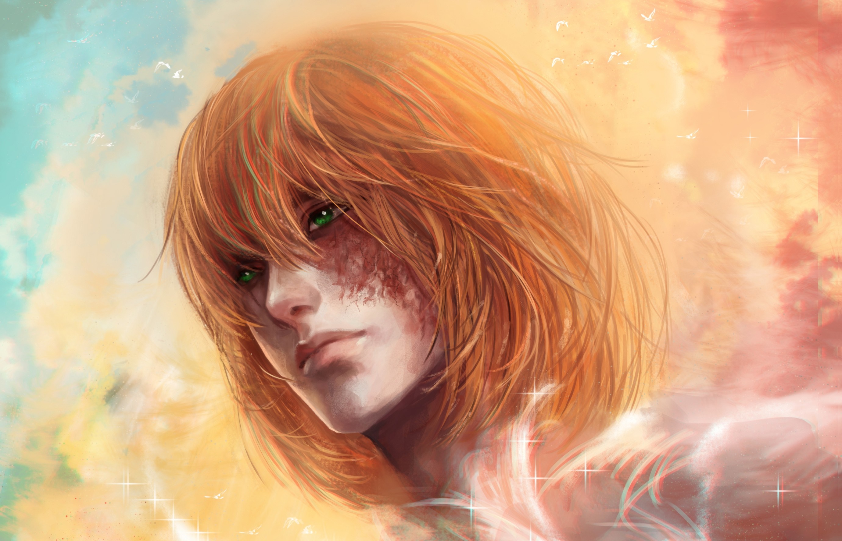 Anime character with orange hair and green eyes HD Wallpaper