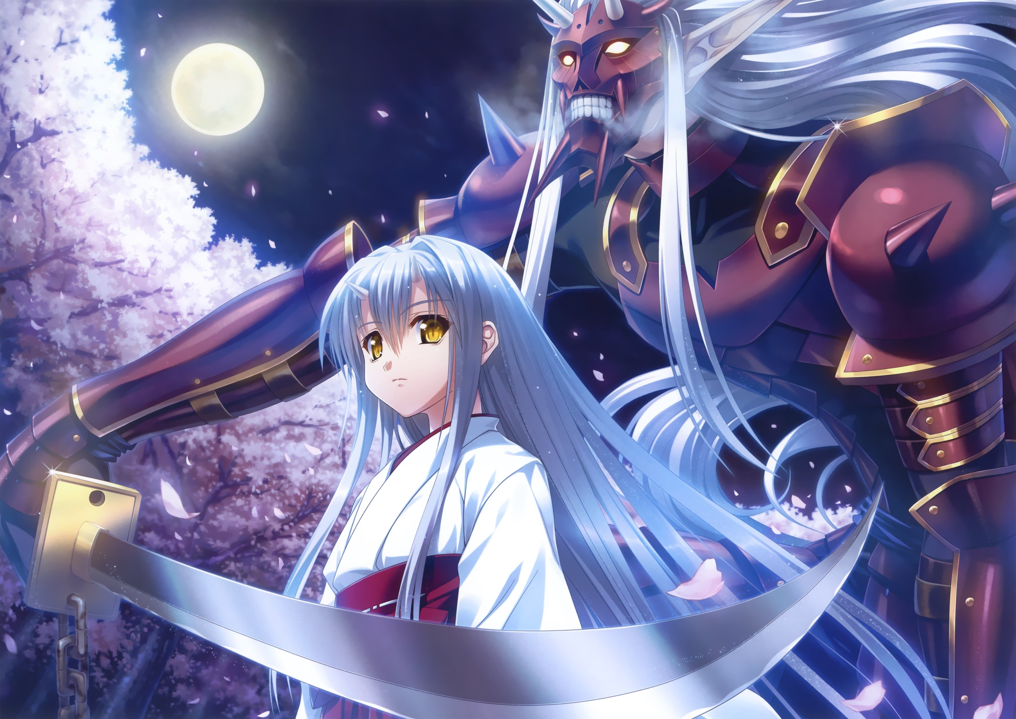Anime girl with a demon in front of a moonlit cherry blossom tree HD Wallpaper
