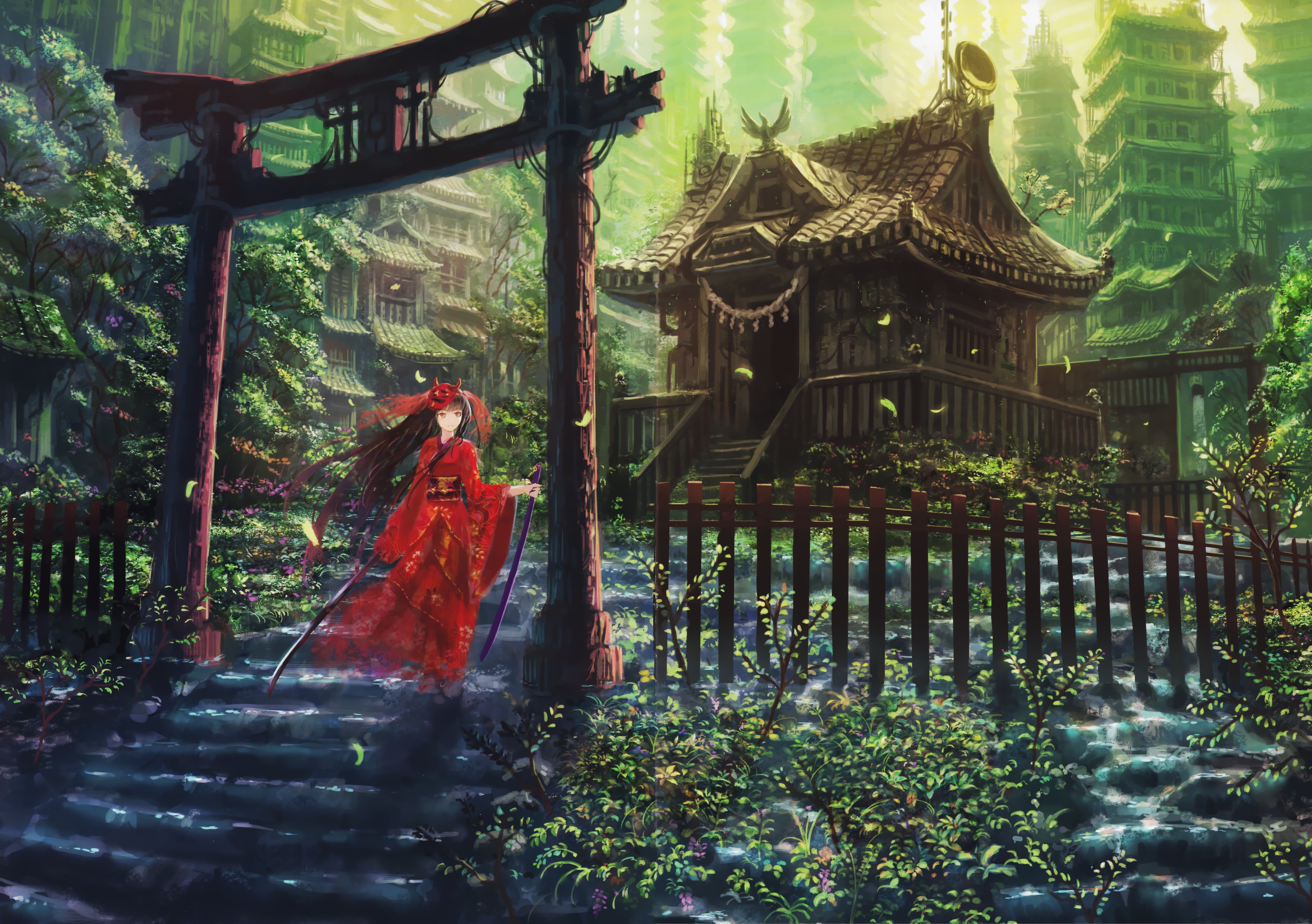 Girl in red kimono with sword at Japanese shrine HD Wallpaper