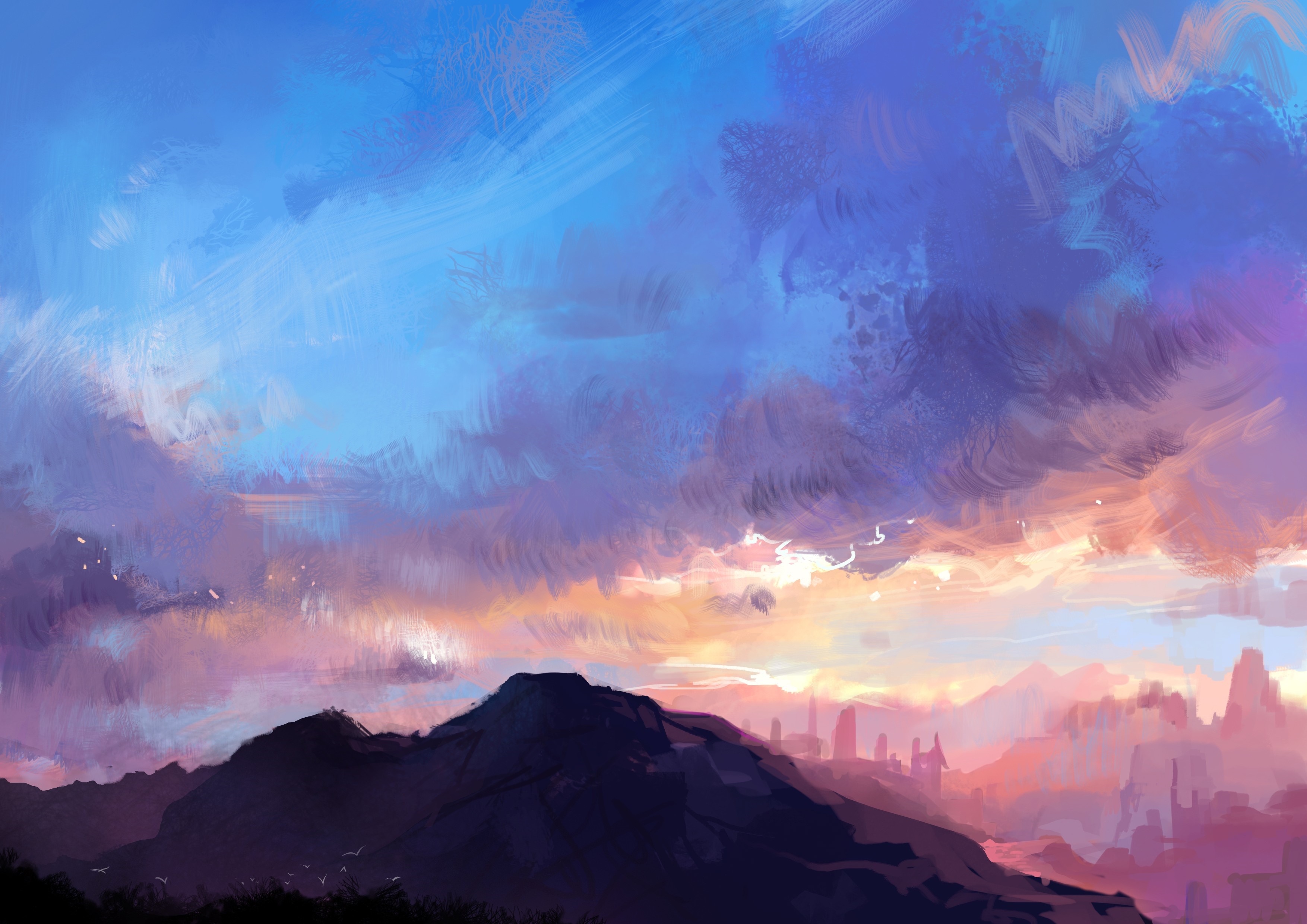 Digital painting of a mountain range at sunset HD Wallpaper