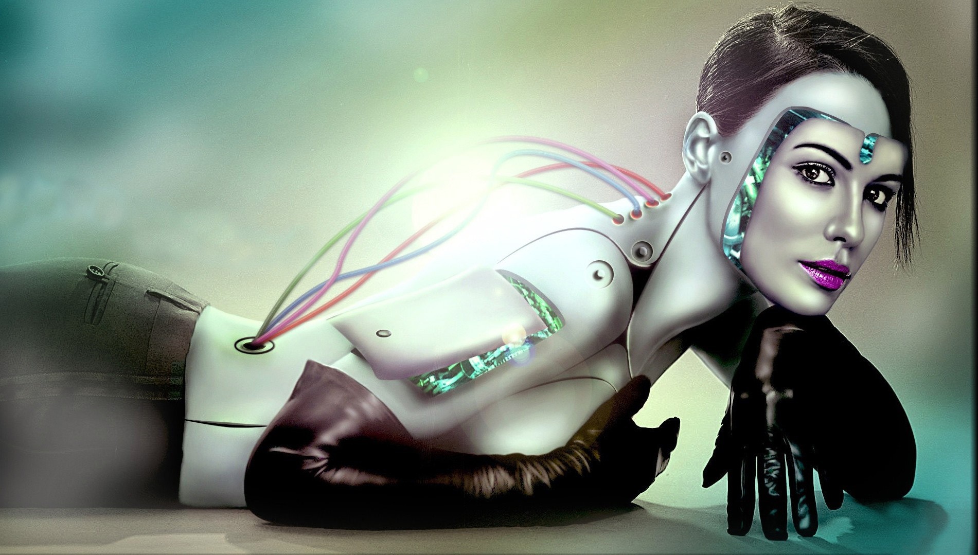 Cyborg woman with wires and glowing implants HD Wallpaper