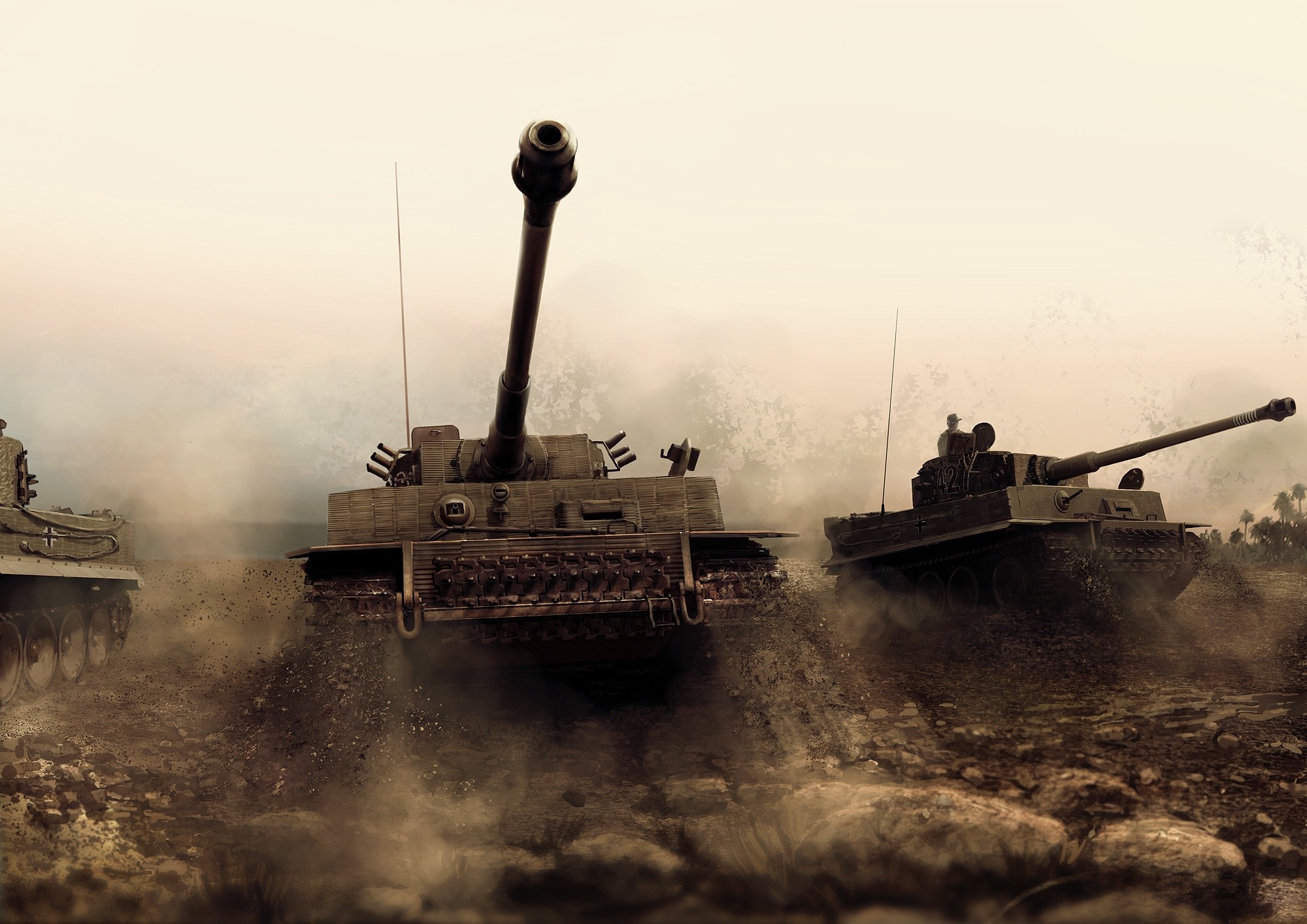 Three Tiger I tanks in combat HD Wallpaper