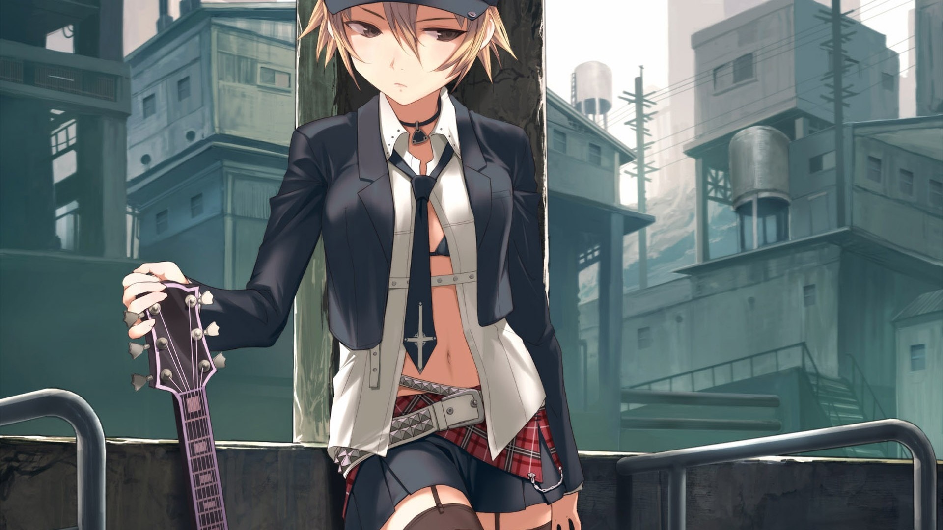 Anime girl with guitar in industrial setting HD Wallpaper