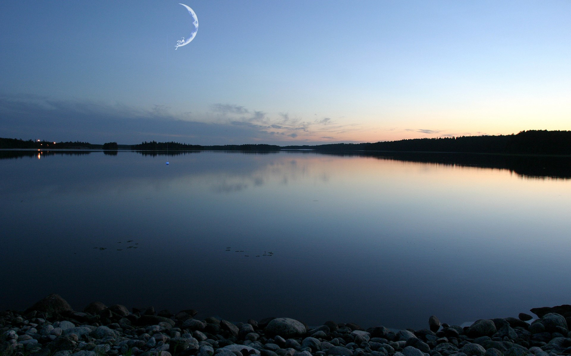 Crescent moon over a calm lake at dusk HD Wallpaper