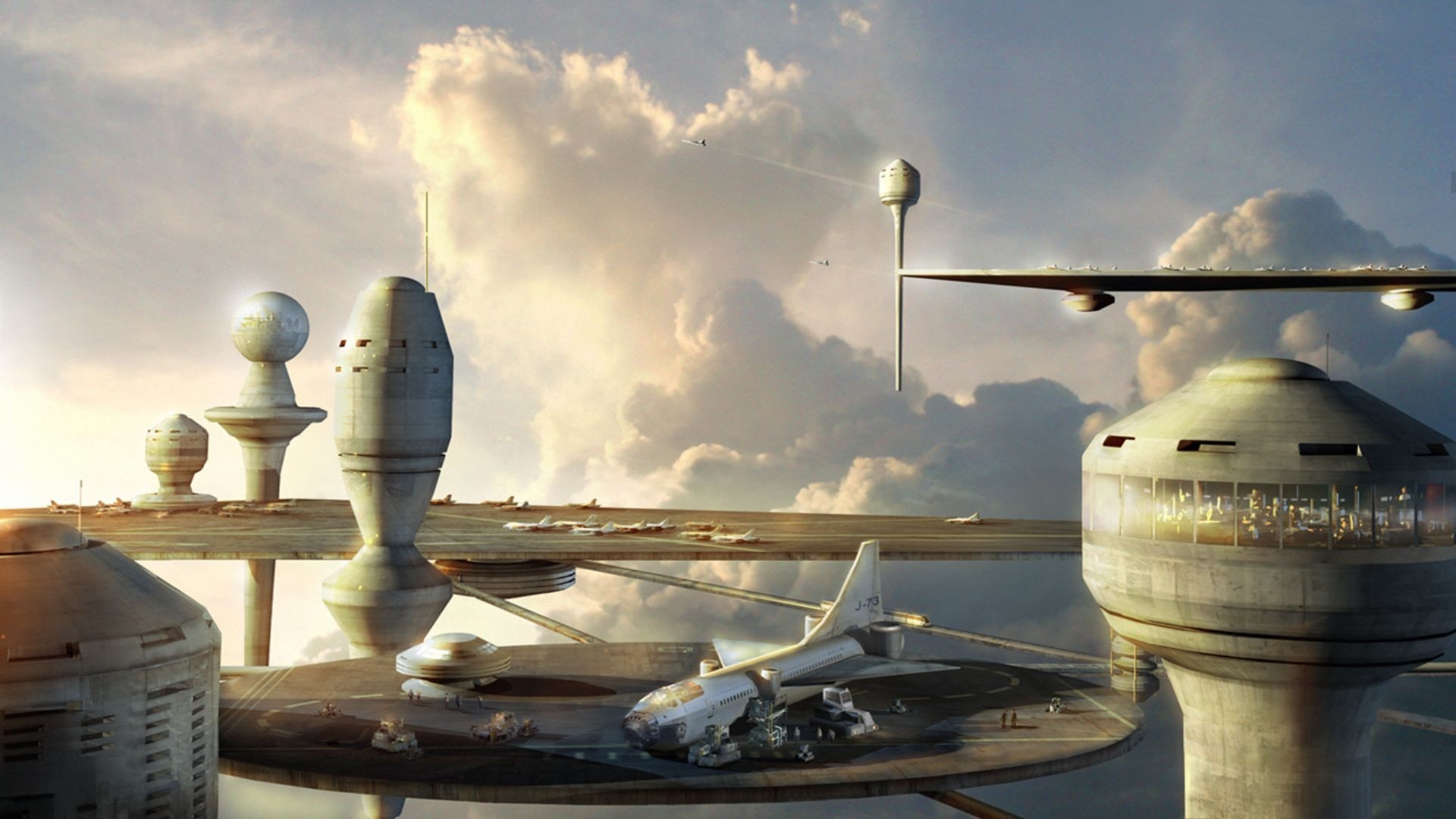 Futuristic skyport with airplanes and futuristic architecture HD Wallpaper