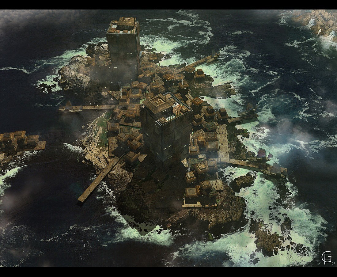 Futuristic island settlement in rough seas HD Wallpaper