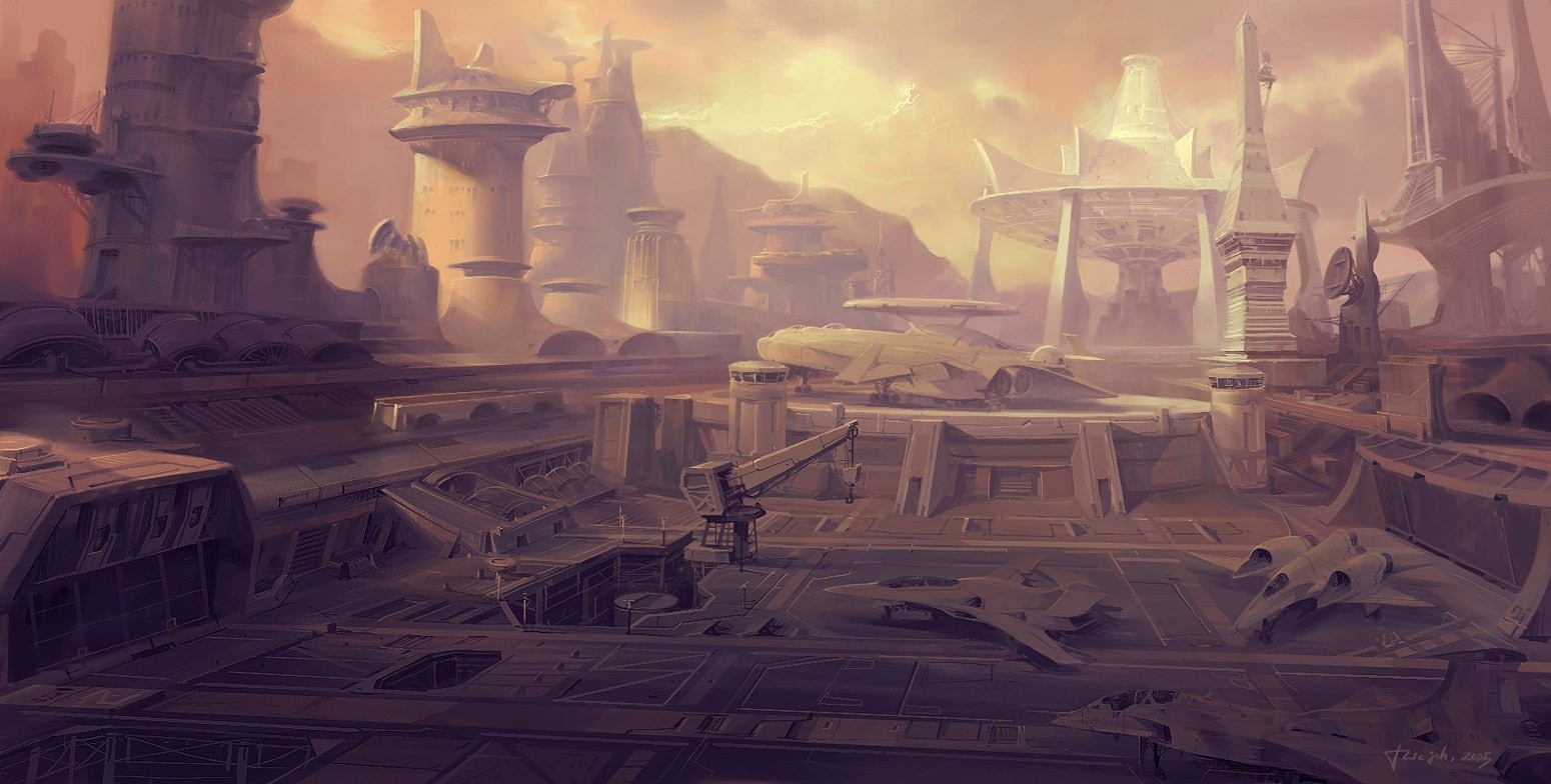 Futuristic cityscape with aircraft and cranes HD Wallpaper