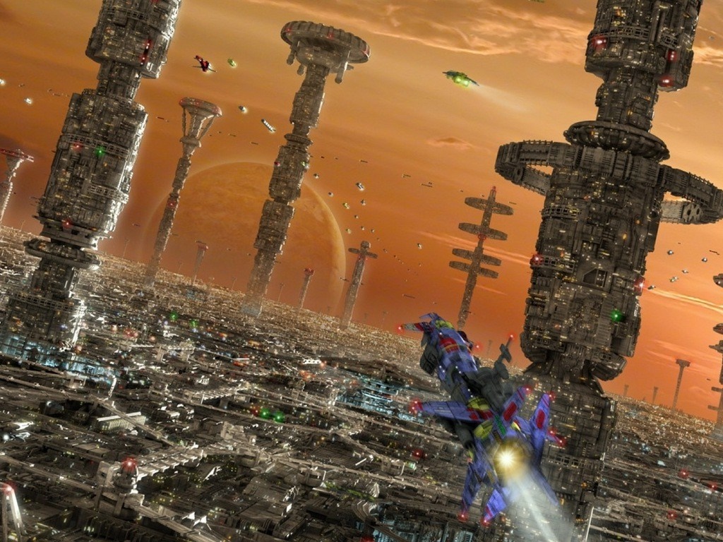 Futuristic city with towering structures and flying vehicles HD Wallpaper