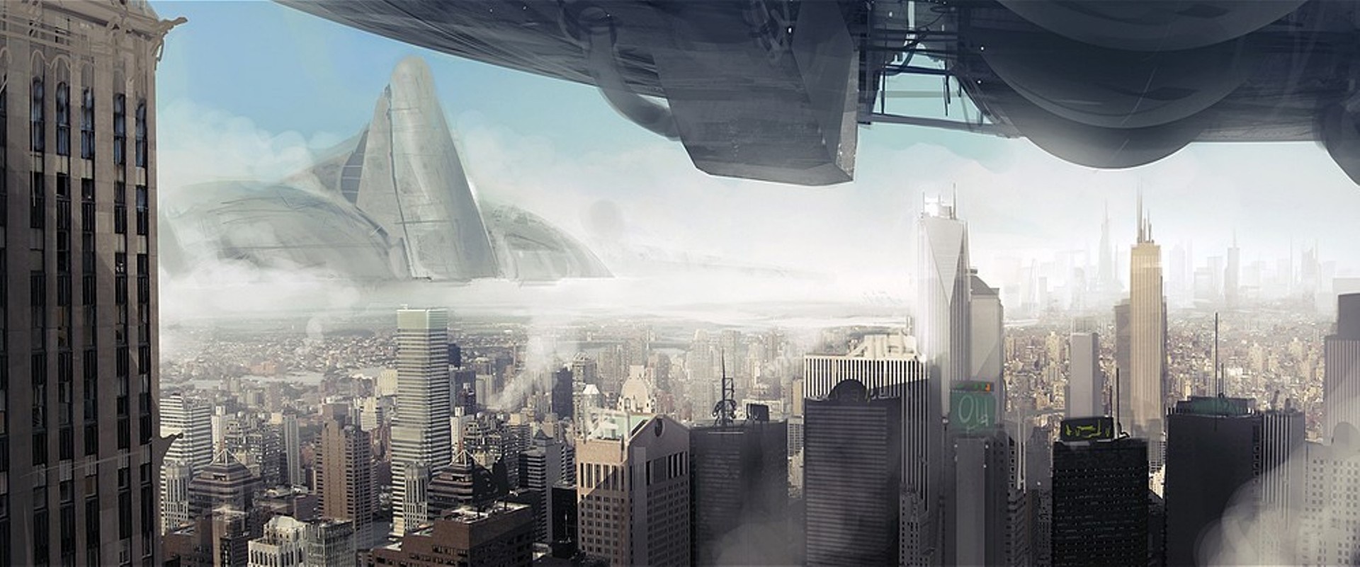 Science fiction cityscape with futuristic airship HD Wallpaper