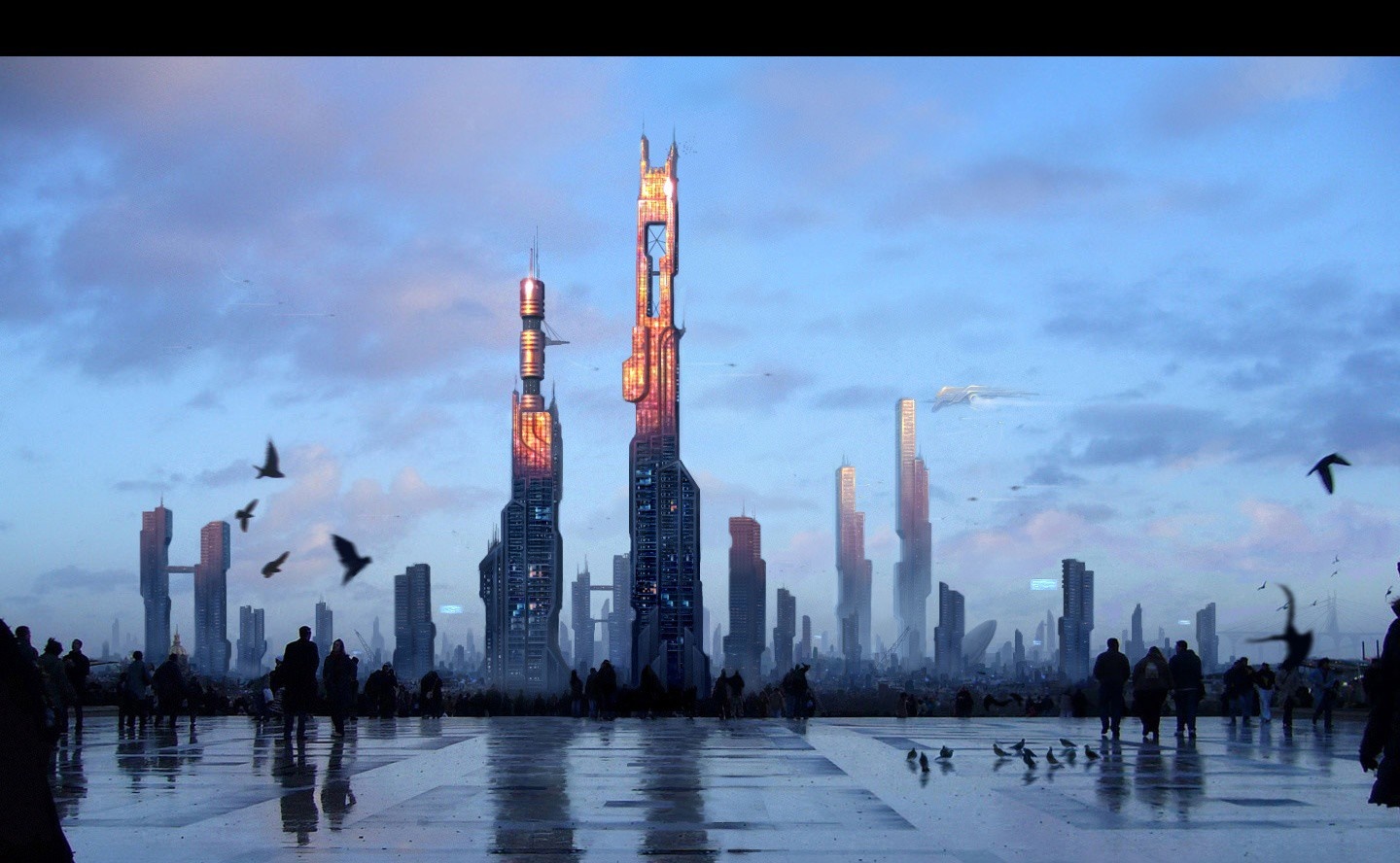 Futuristic cityscape with towering skyscrapers at dusk HD Wallpaper