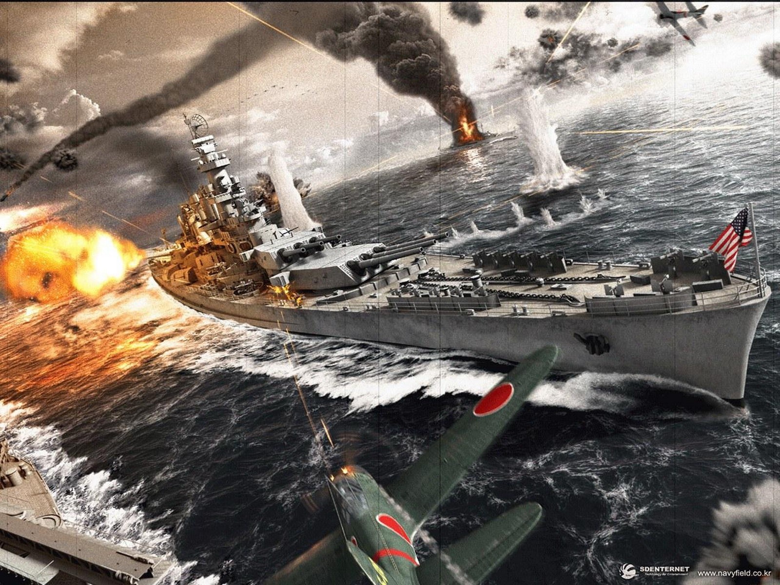 Battleship firing guns during World War II naval battle HD Wallpaper
