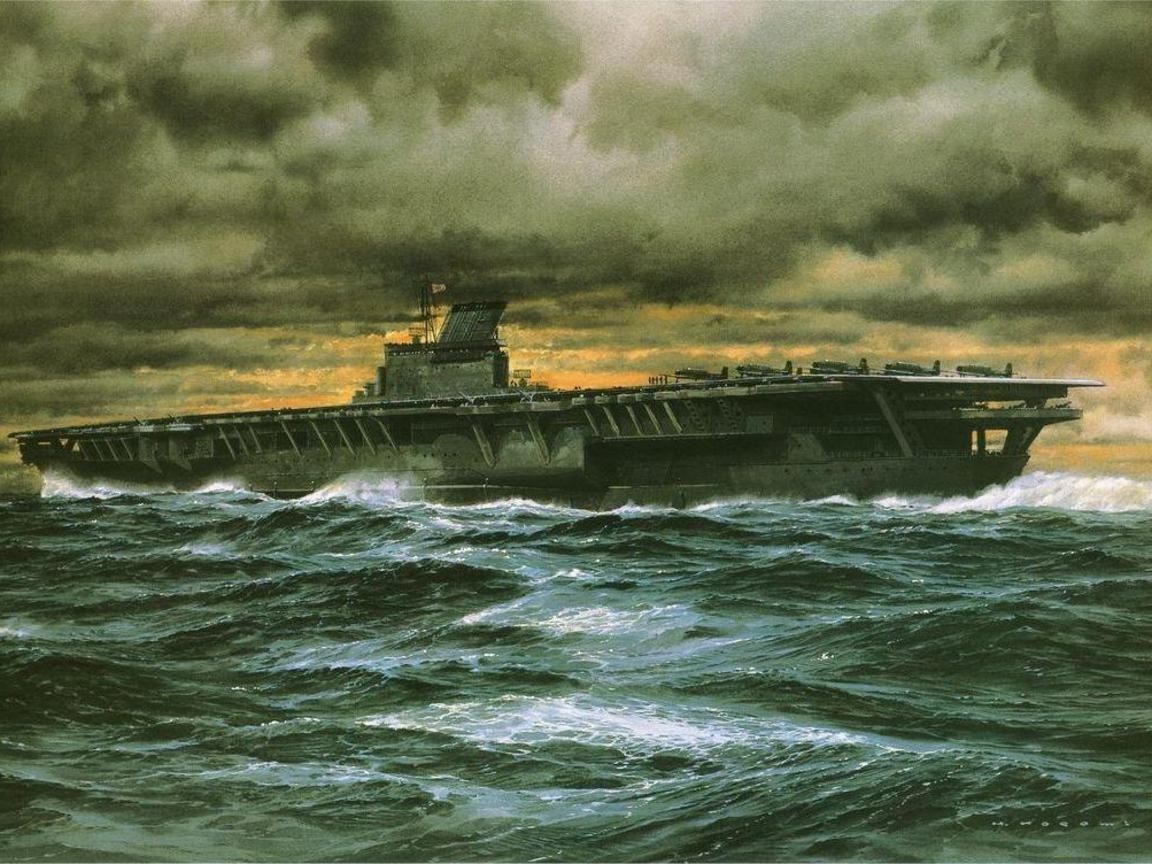 Artwork of a military aircraft carrier in rough seas HD Wallpaper