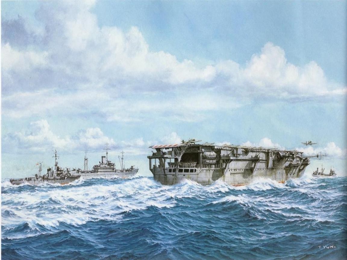 Japanese aircraft carrier and escort ships in rough seas HD Wallpaper