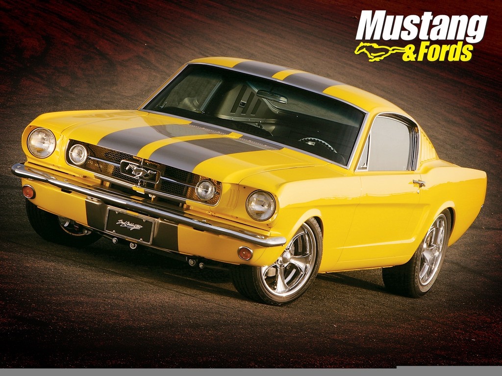 Yellow Ford Mustang with Grey Stripes HD Wallpaper