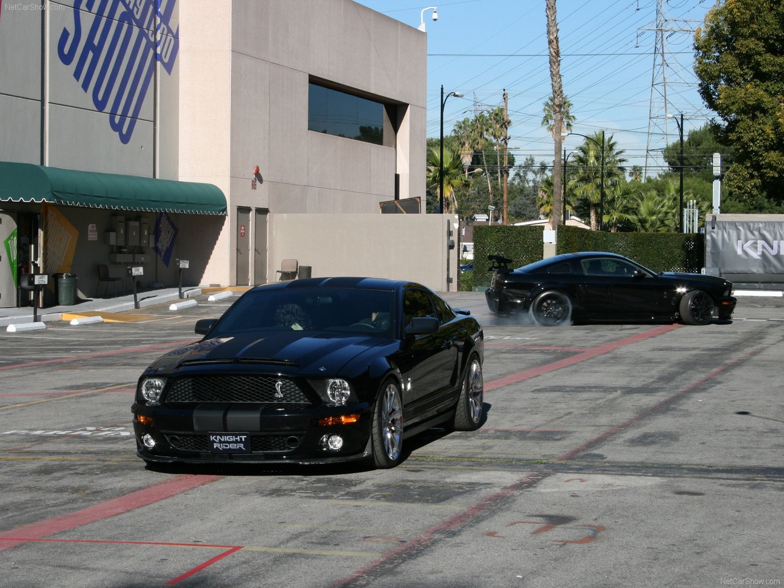 Two black Ford Shelby Mustangs, one doing a burnout HD Wallpaper