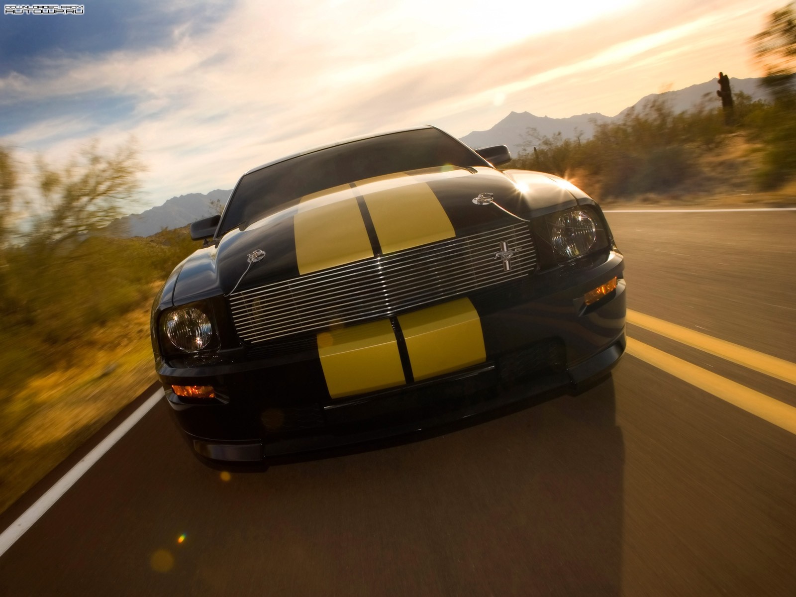 Black Ford Mustang with Yellow Stripes Driving on Desert Road HD Wallpaper