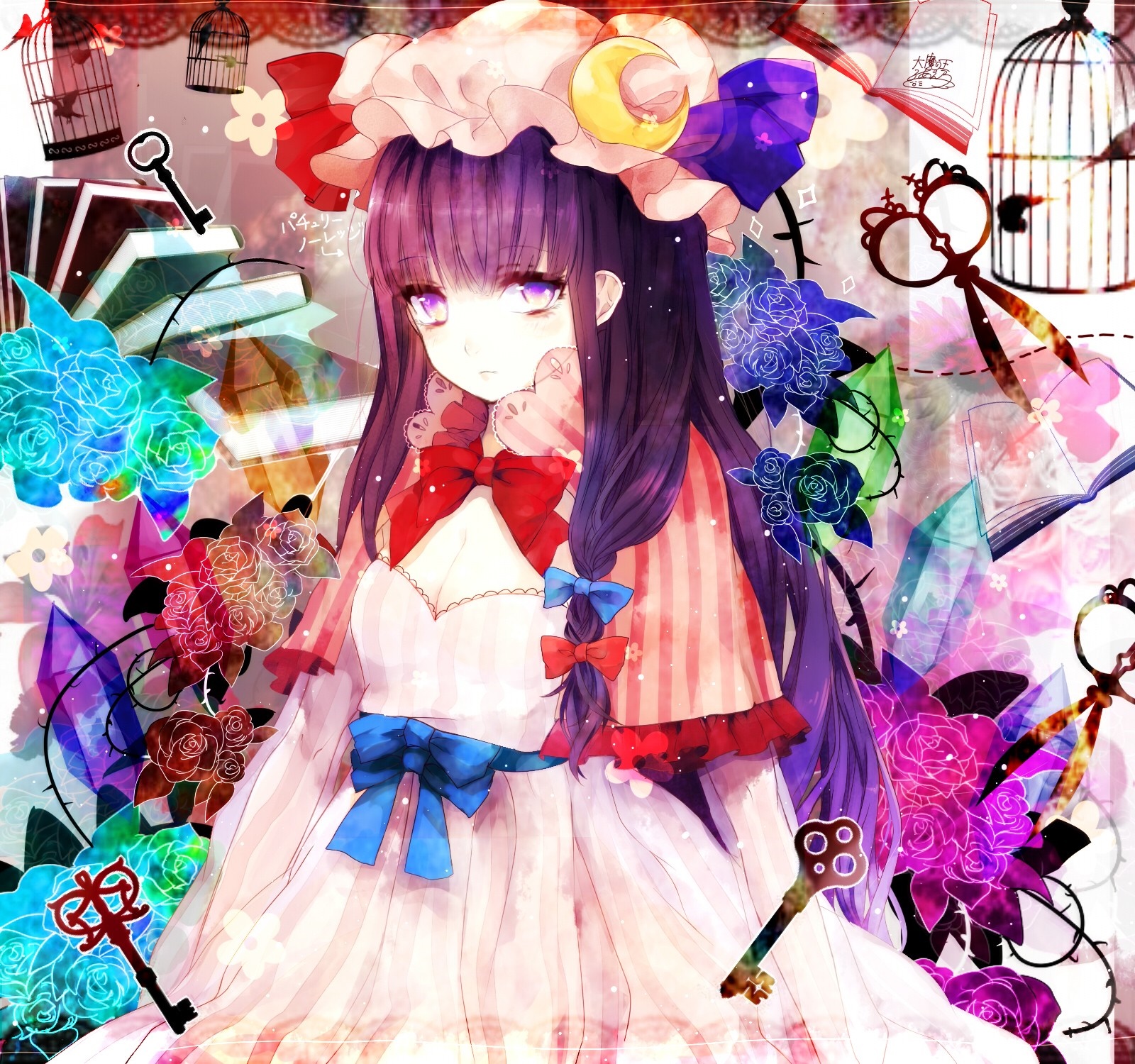 Patchouli Knowledge from Touhou Project with flowers and keys HD Wallpaper