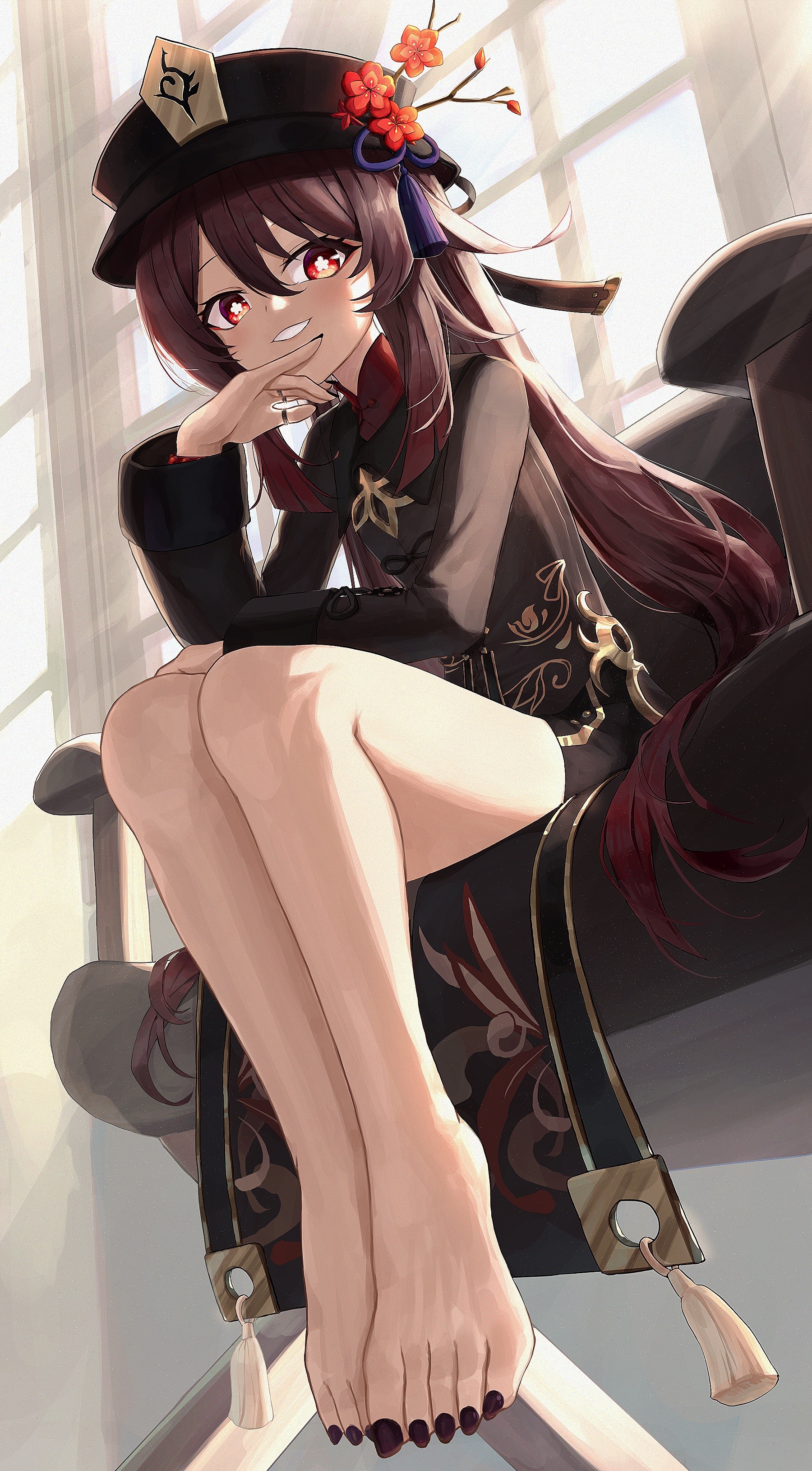 Hu Tao from Genshin Impact sitting on a chair HD Phone Wallpaper