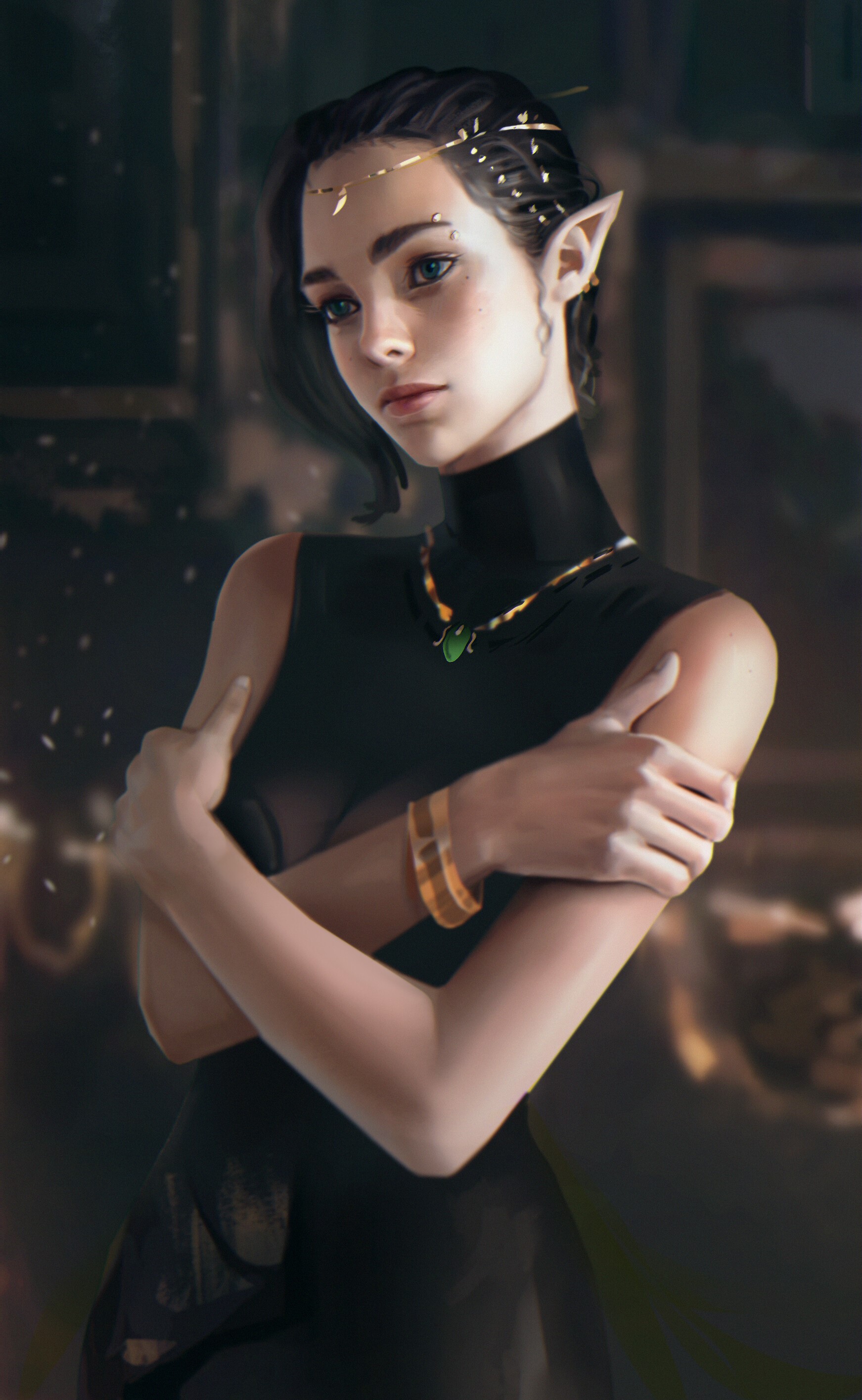 Artwork of an elf woman with arms crossed HD Phone Wallpaper