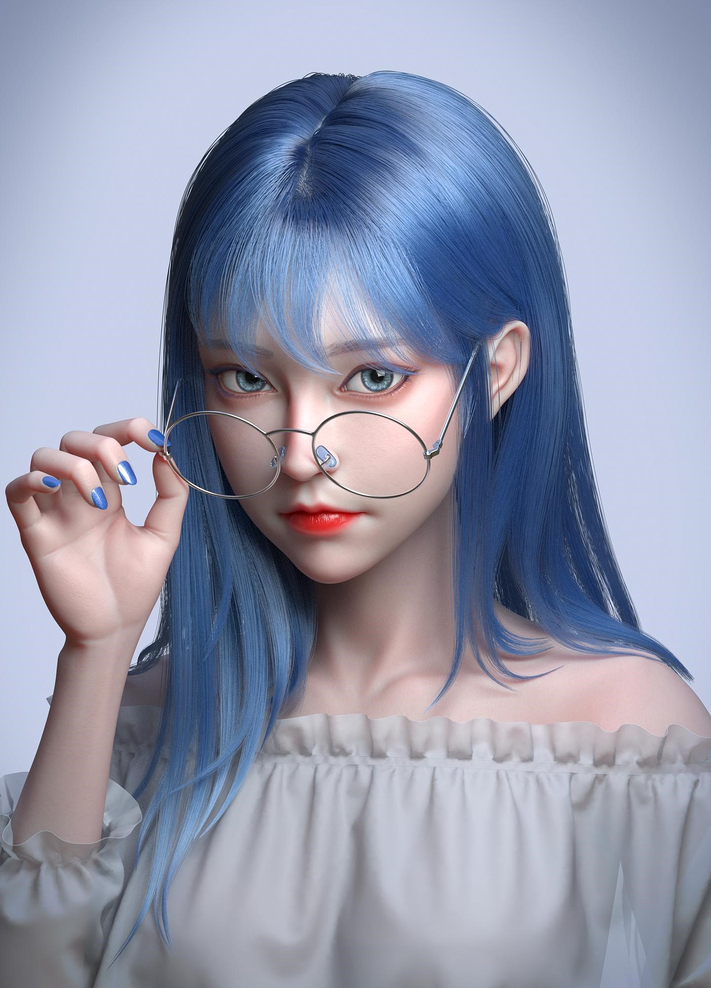 Woman with blue hair wearing glasses HD Phone Wallpaper