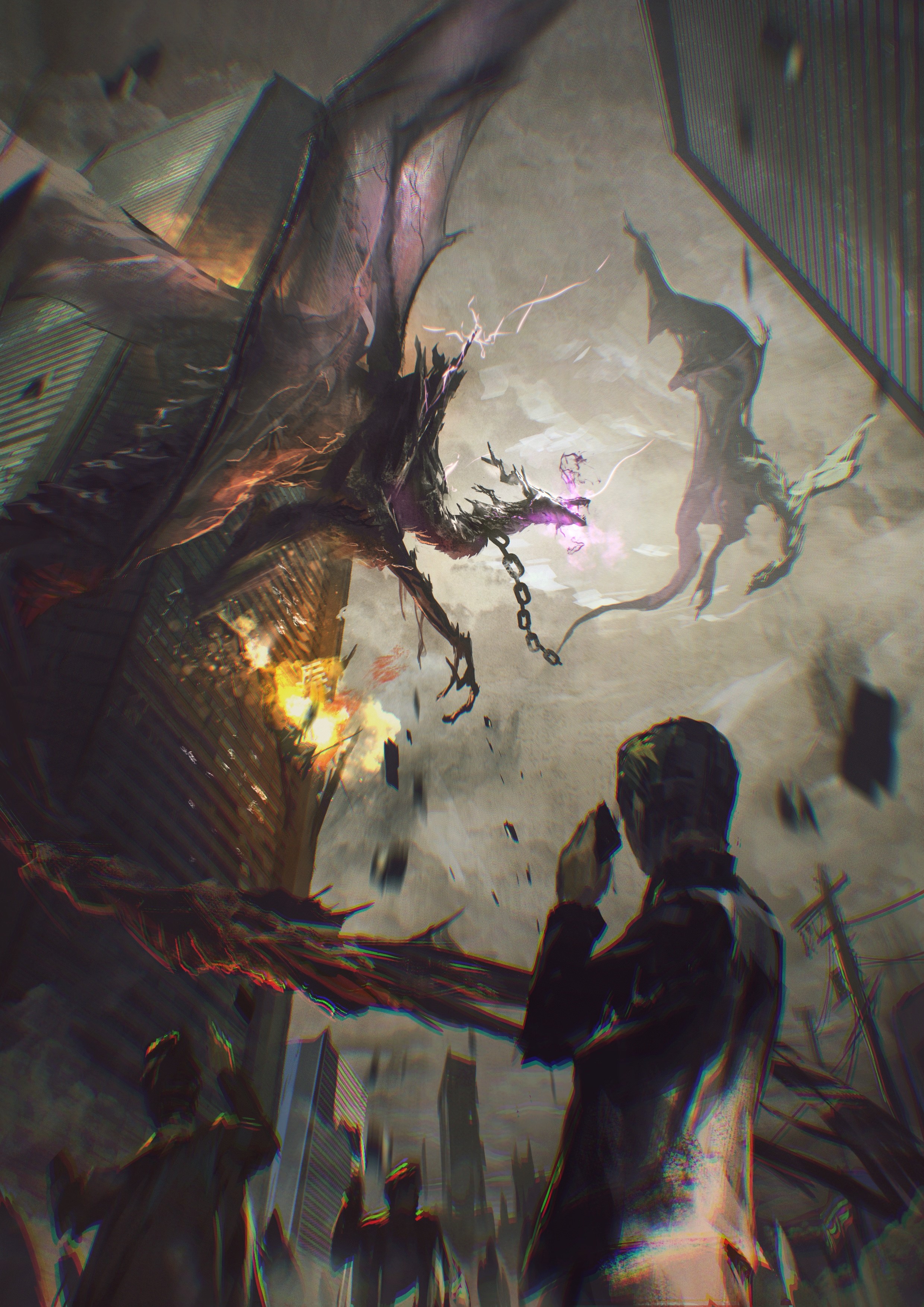 Dragons attacking a city with people watching HD Phone Wallpaper