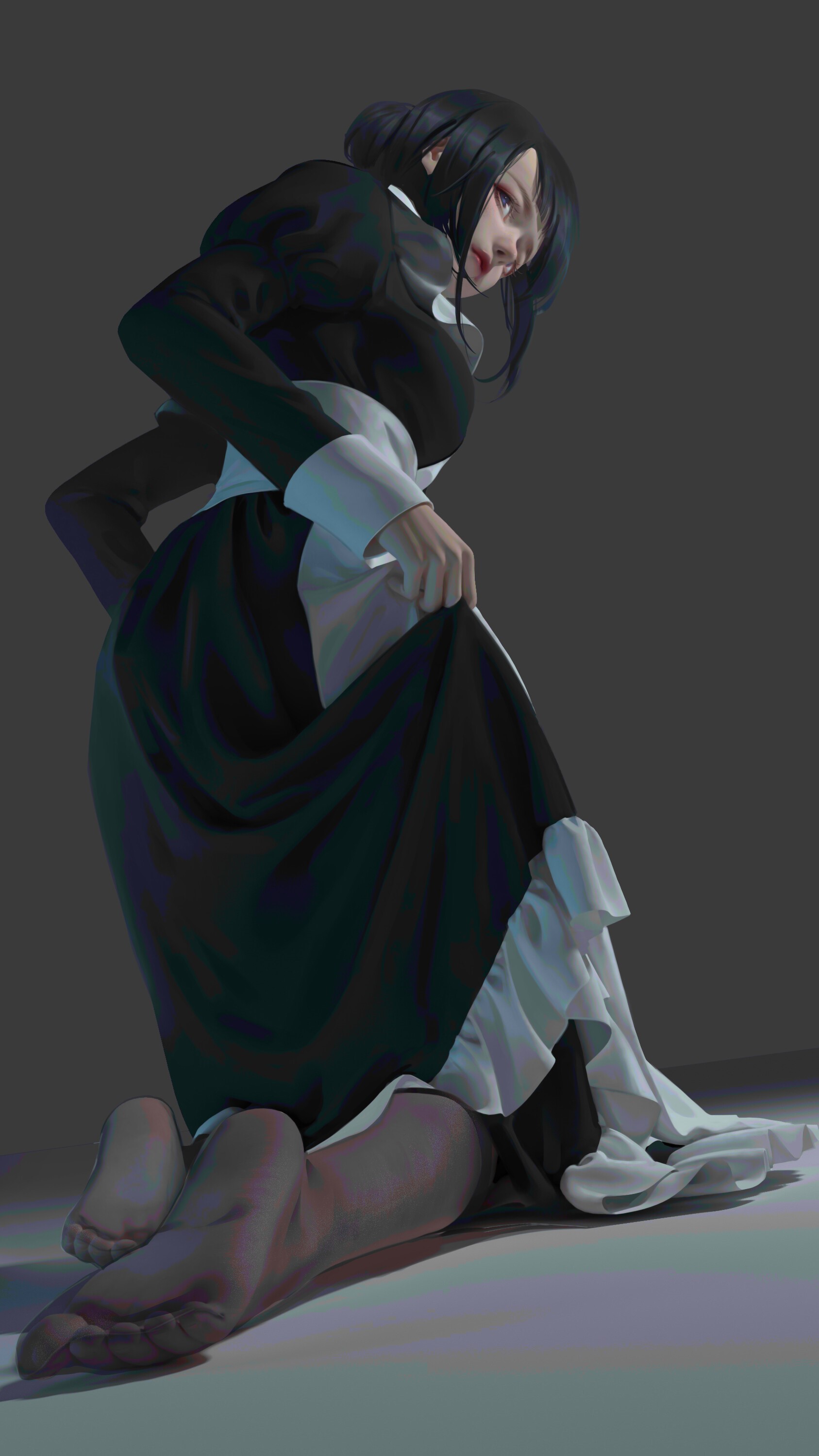 Anime girl in maid outfit kneeling HD Phone Wallpaper